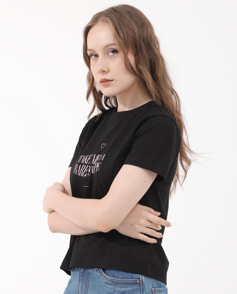 Rareism Women Erin Black Cotton Poly Fabric Short Sleeve Crew Neck Solid T-Shirt