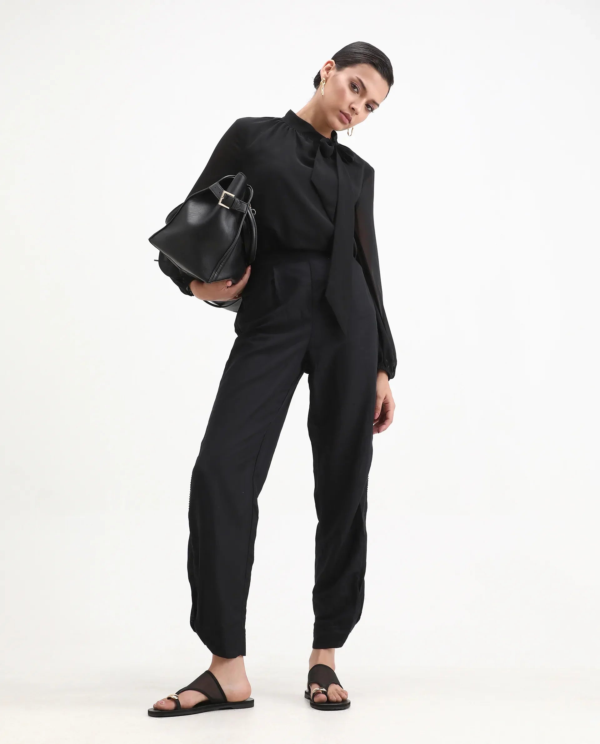 Rareism Women's Erin Black Cotton Linen Plain Ankle Length Tailored Trouser