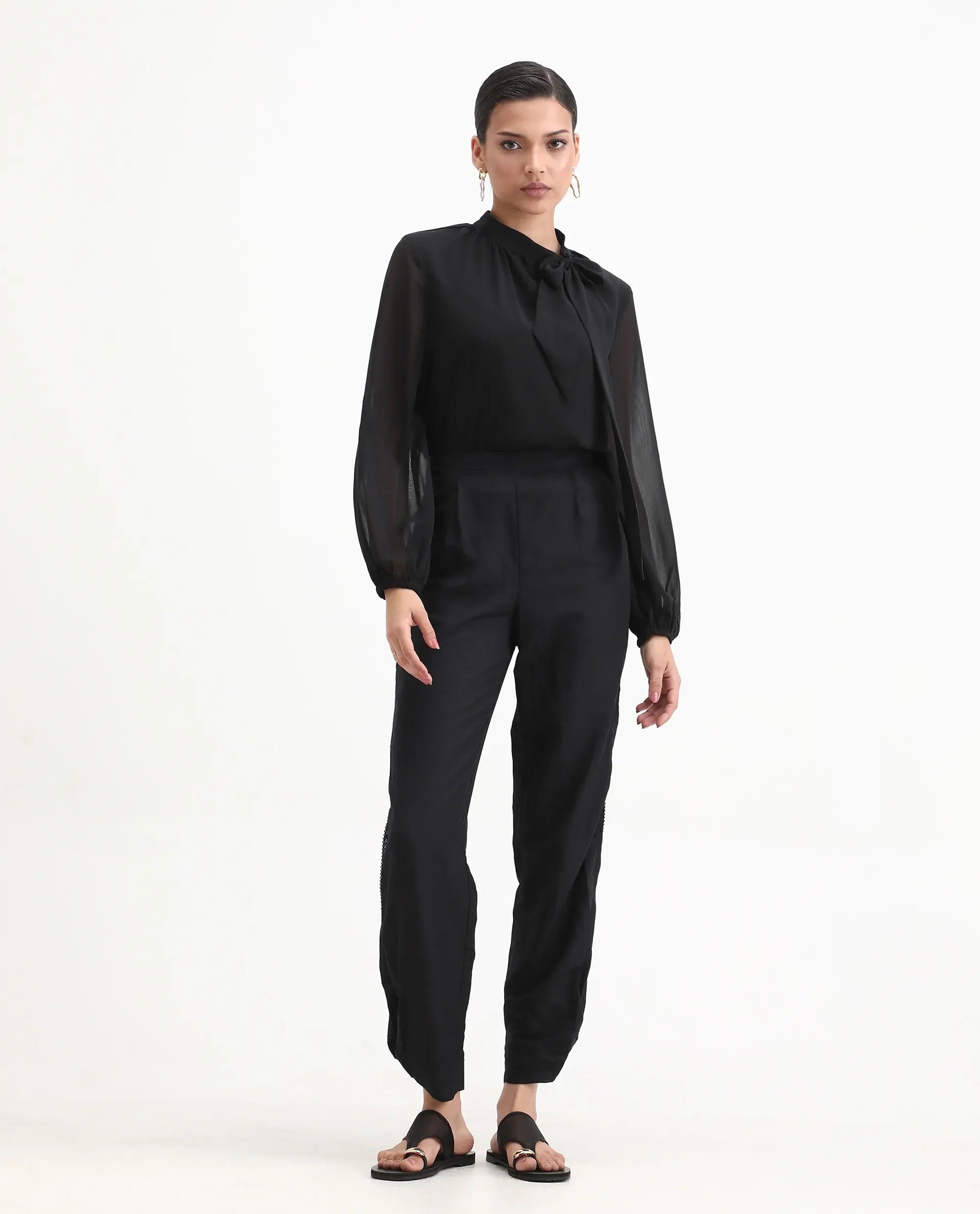 Rareism Women's Erin Black Cotton Linen Plain Ankle Length Tailored Trouser