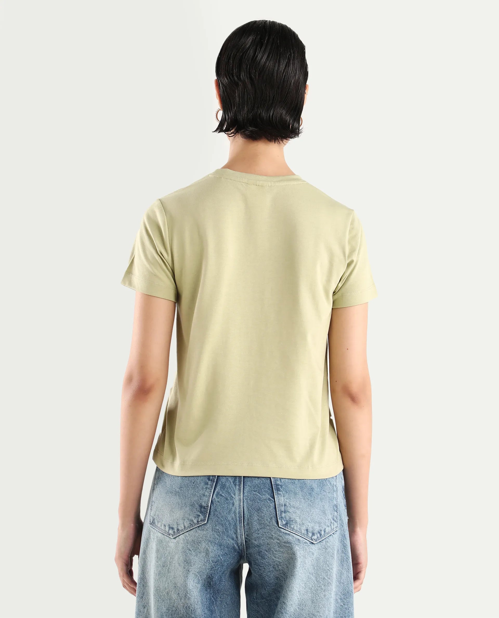 Rareism Women's Erin Light Green Cotton Blend Crew Neck Graphic Print Regular Fit T-Shirt