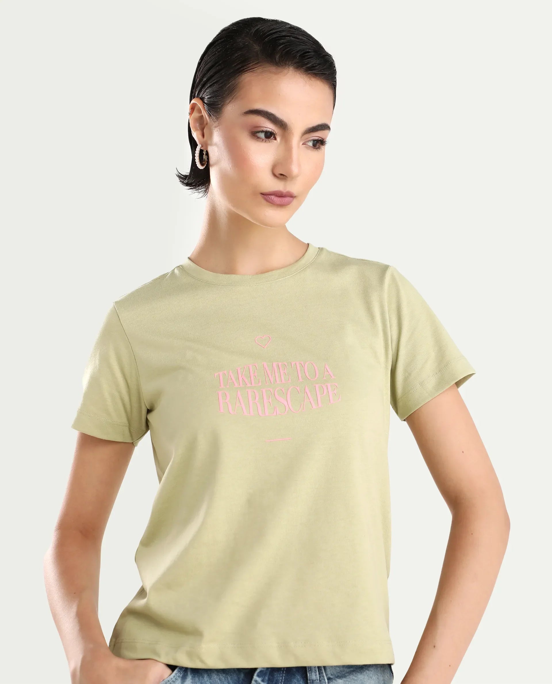 Rareism Women's Erin Light Green Cotton Blend Crew Neck Graphic Print Regular Fit T-Shirt