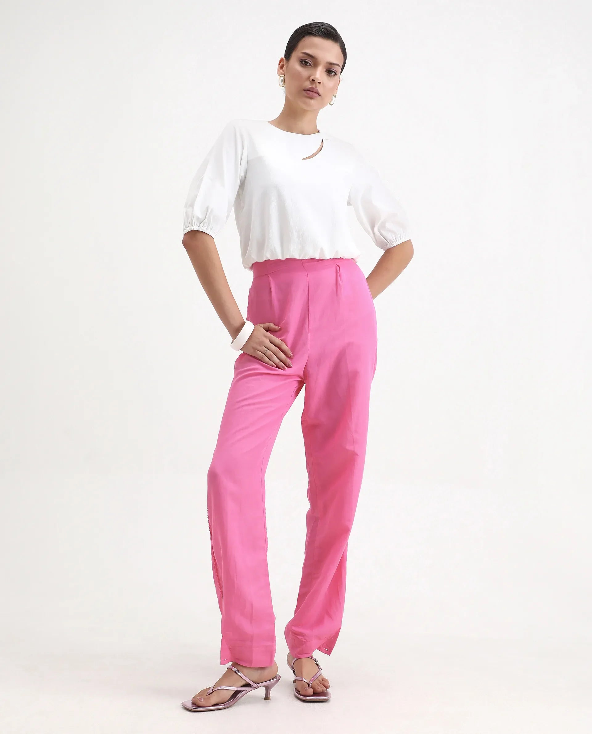 Rareism Women's Erin Pink Cotton Linen Plain Ankle Length Tailored Trouser