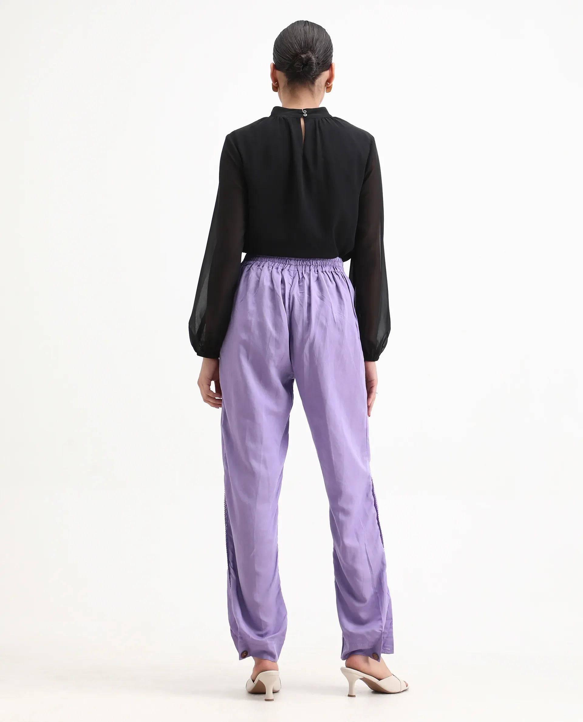 Rareism Women's Erin Purple Cotton Linen Plain Ankle Length Tailored Trouser