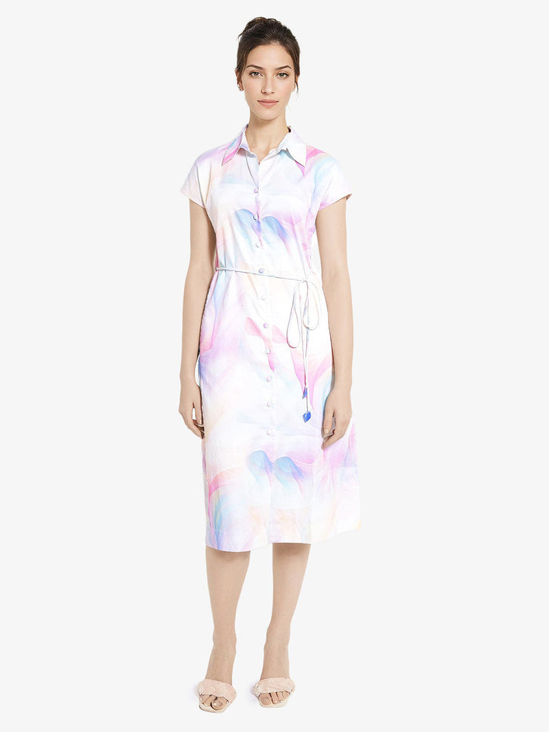 Rareism Women Erlong Multi Cotton Satin Fabric Short Sleeve Collared Neck Button Closure A-Line Midi Abstract Print Dress