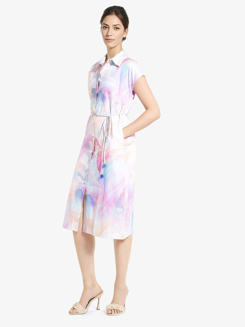 Rareism Women Erlong Multi Cotton Satin Fabric Short Sleeve Collared Neck Button Closure A-Line Midi Abstract Print Dress