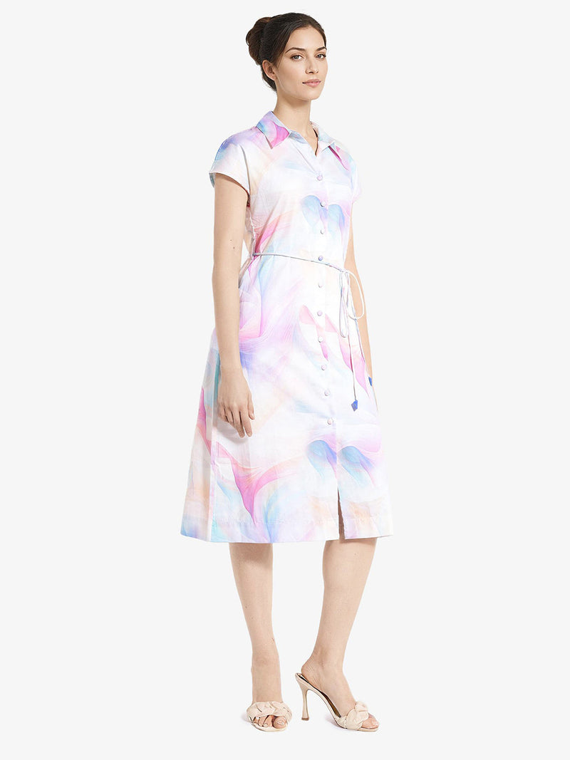 Rareism Women Erlong Multi Cotton Satin Fabric Short Sleeve Collared Neck Button Closure A-Line Midi Abstract Print Dress