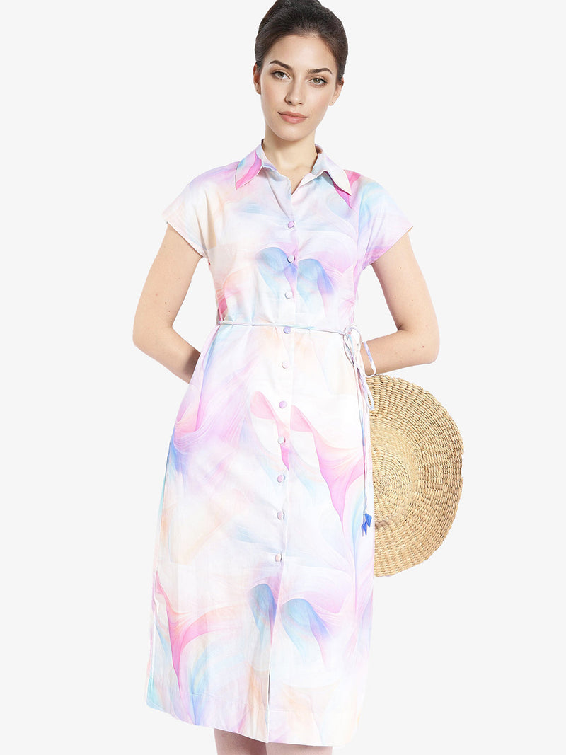 Rareism Women Erlong Multi Cotton Satin Fabric Short Sleeve Collared Neck Button Closure A-Line Midi Abstract Print Dress