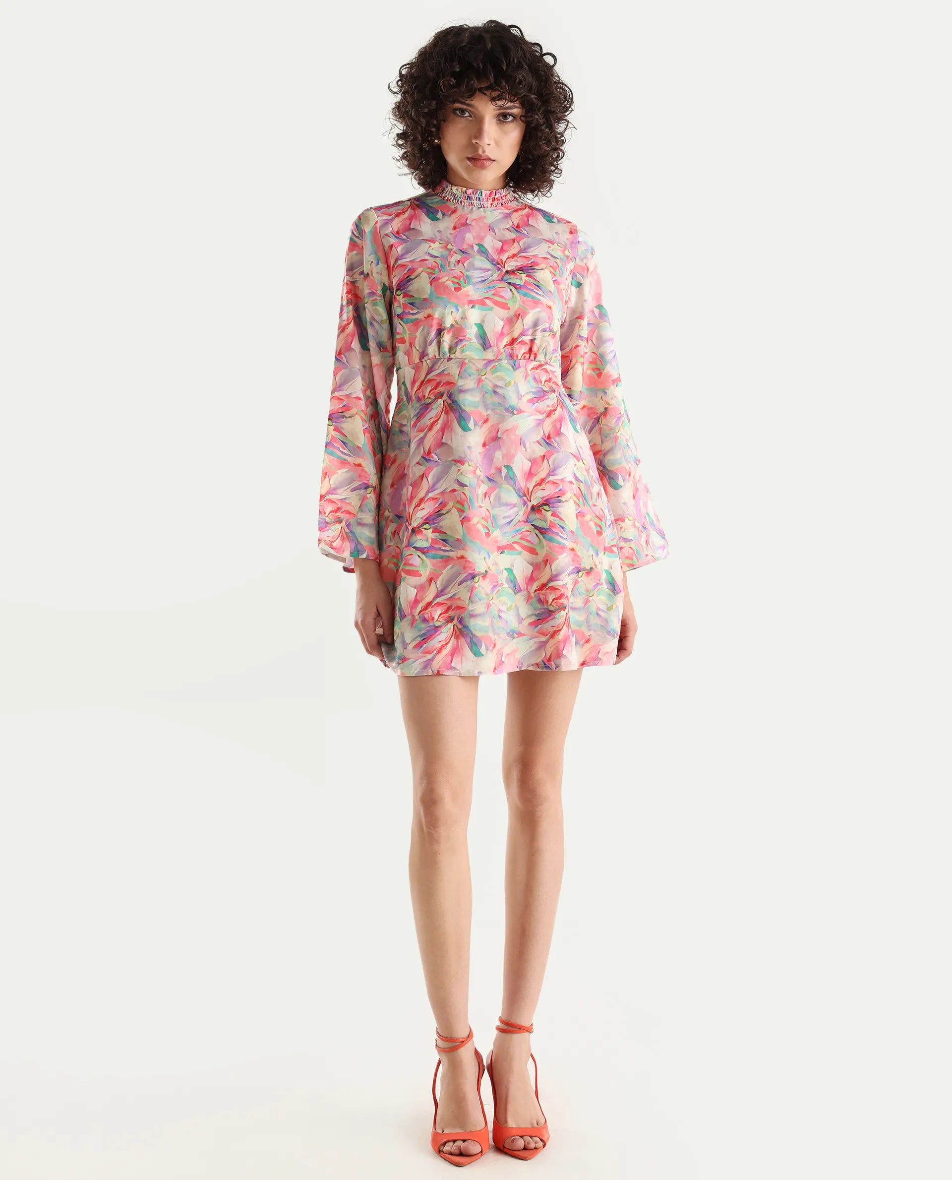 Rareism Women's Erry Light Multi Cotton Sweetheart Neck Abstract Print Bell Sleeve Knee Length Flared Dress