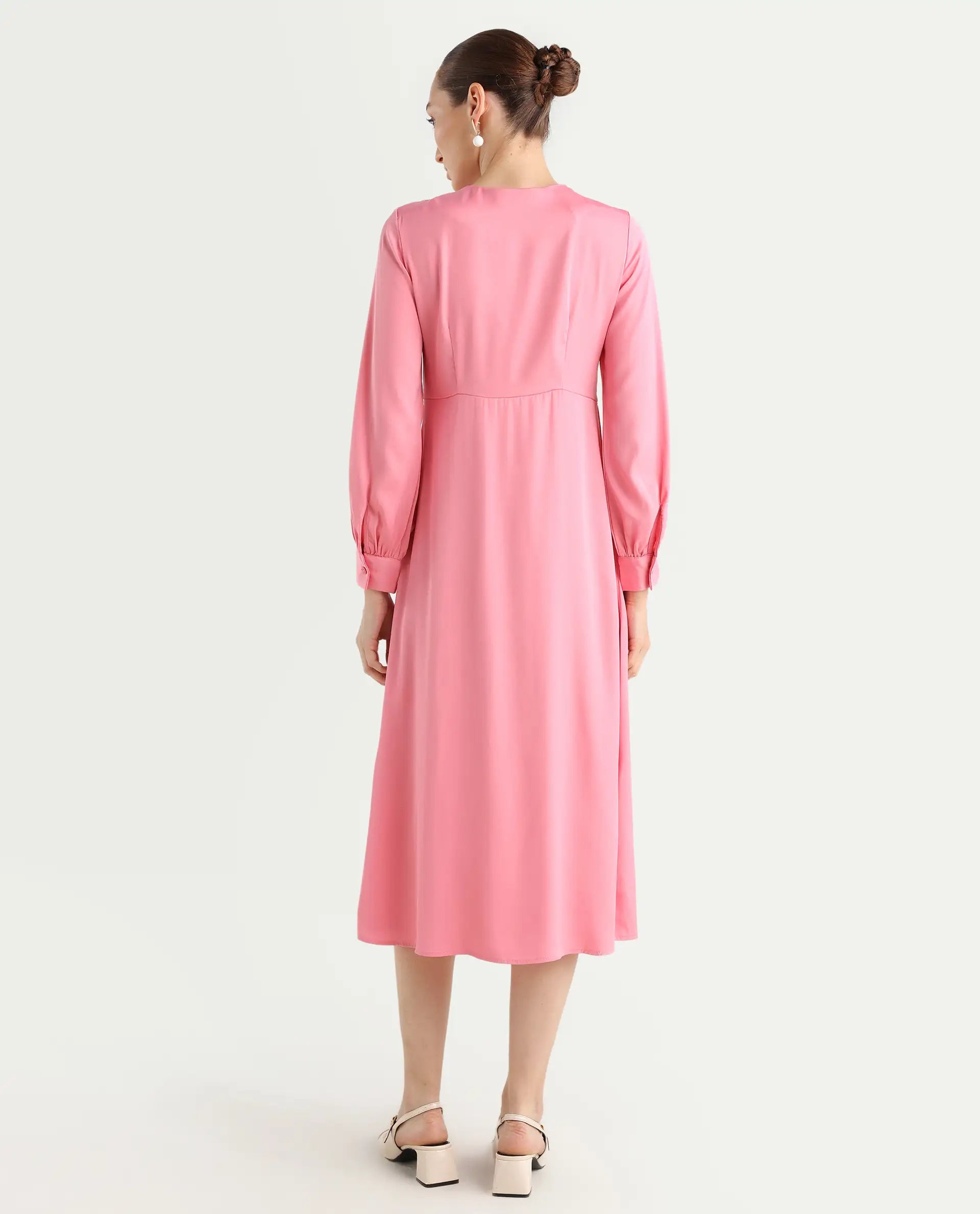 Rareism Women's Erzinc Pink Satin Key Hole Neck Plain Bishop Sleeve Mi