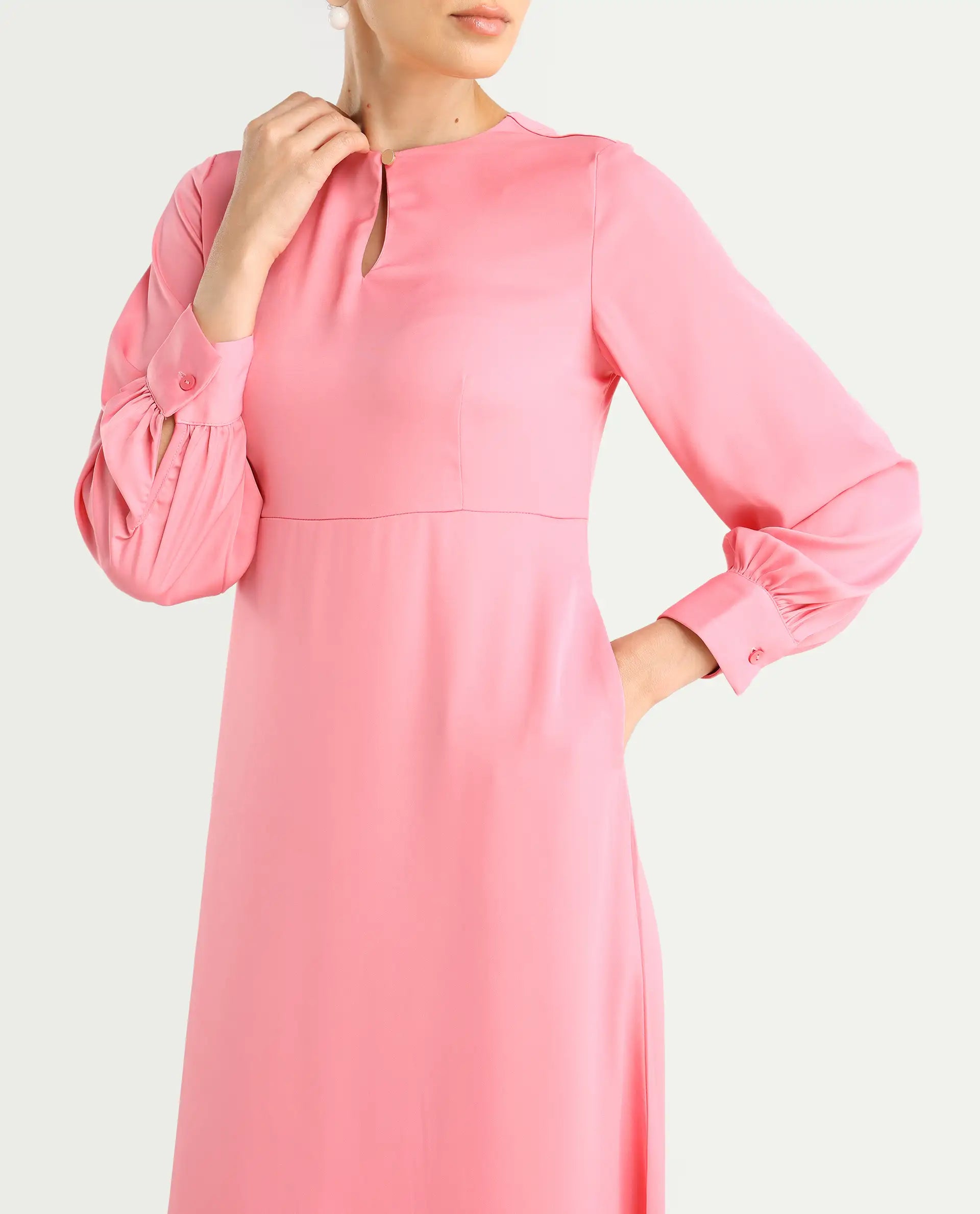 Rareism Women's Erzinc Pink Satin Key Hole Neck Plain Bishop Sleeve Mi