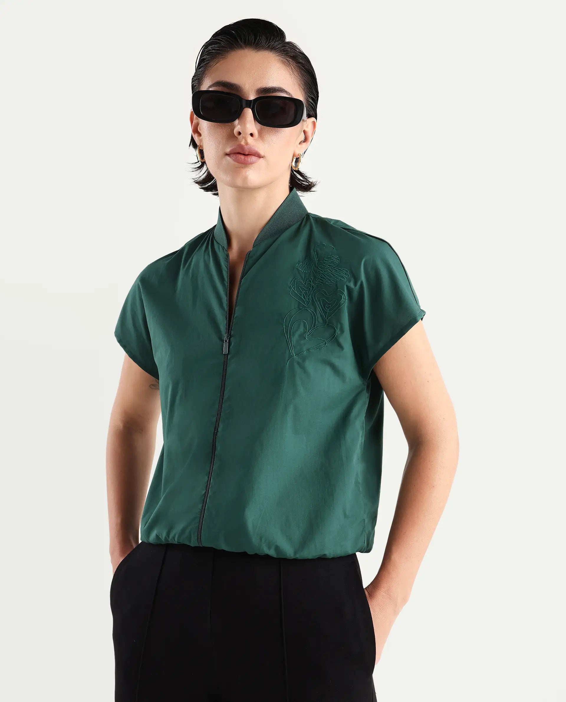 Rareism Women's Esmetu Dark Green Cotton Ribbed Collar Embroidered Extended Sleeves Regular Fit Top