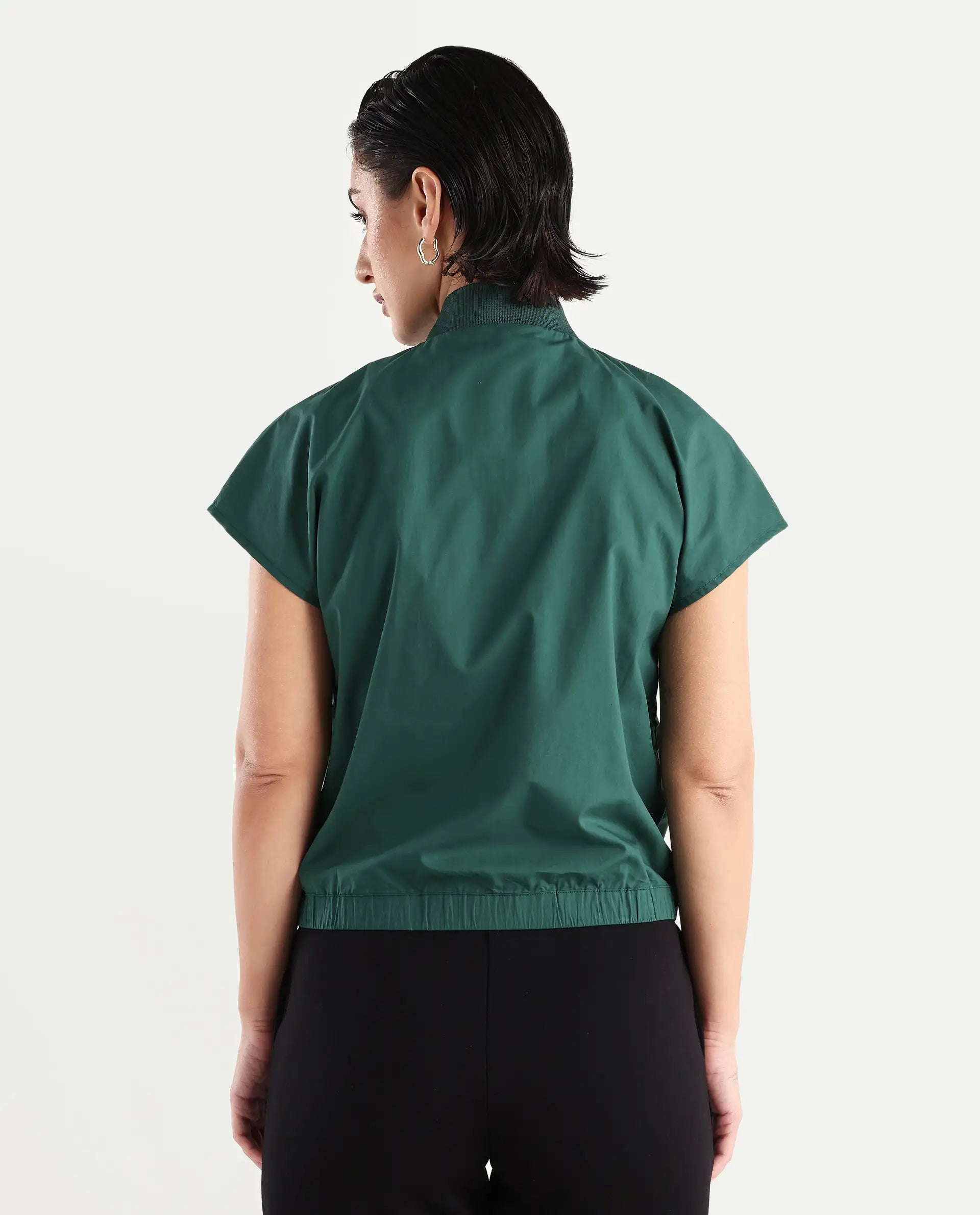 Rareism Women's Esmetu Dark Green Cotton Ribbed Collar Embroidered Extended Sleeves Regular Fit Top