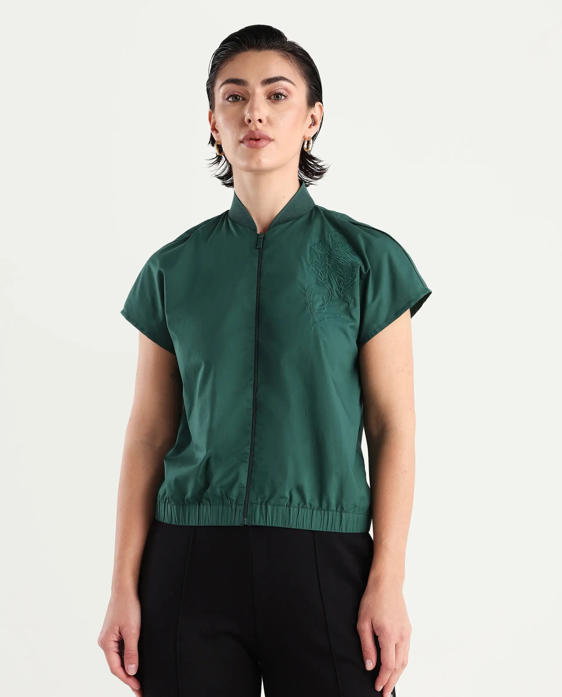 Rareism Women's Esmetu Dark Green Cotton Ribbed Collar Embroidered Extended Sleeves Regular Fit Top