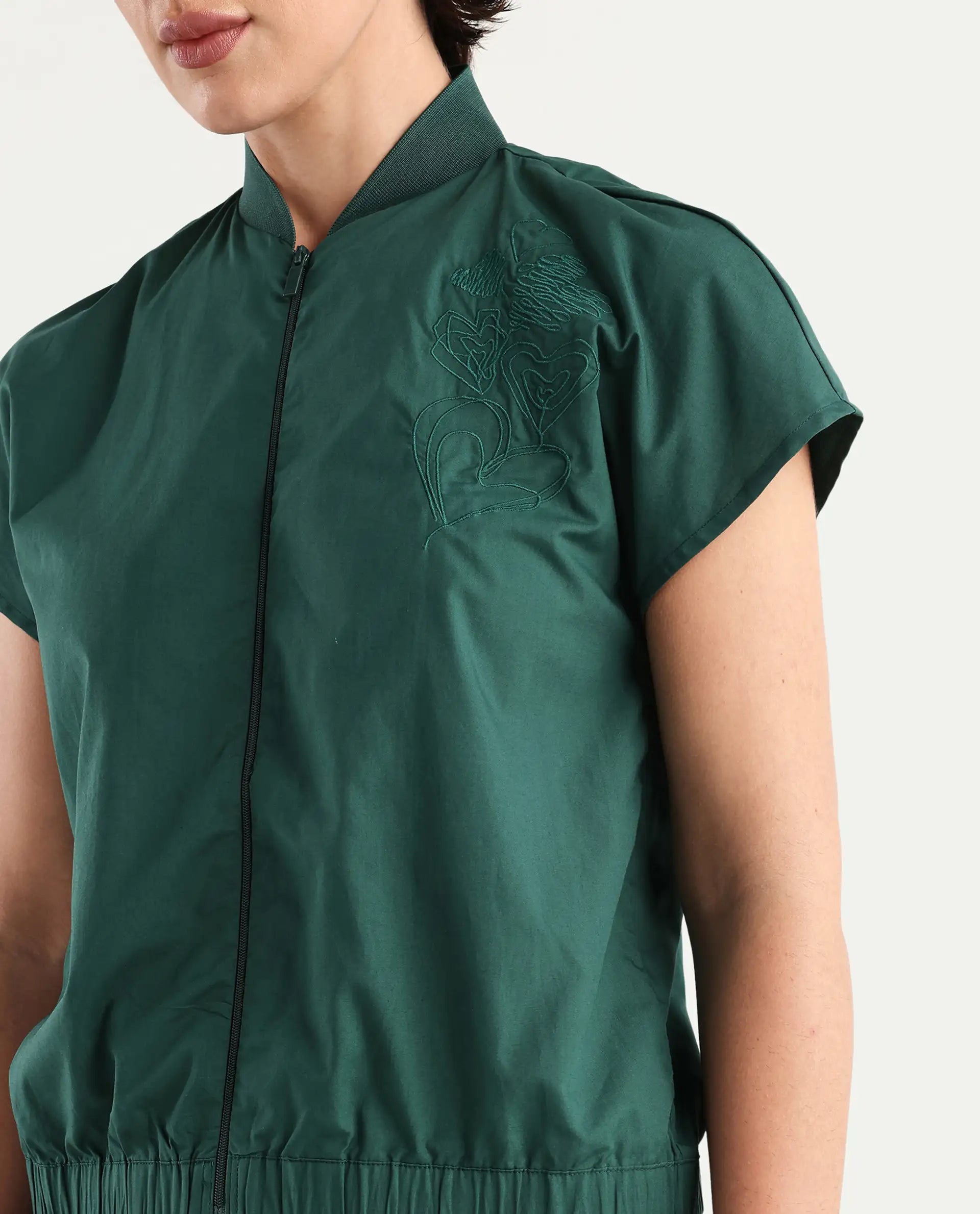 Rareism Women's Esmetu Dark Green Cotton Ribbed Collar Embroidered Extended Sleeves Regular Fit Top