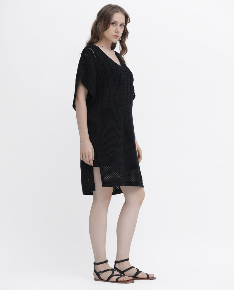 Rareism Women Espantiago Black Cotton Fabric Short Sleeves V-Neck Extended Sleeve Relaxed Fit Plain Knee Length Dress