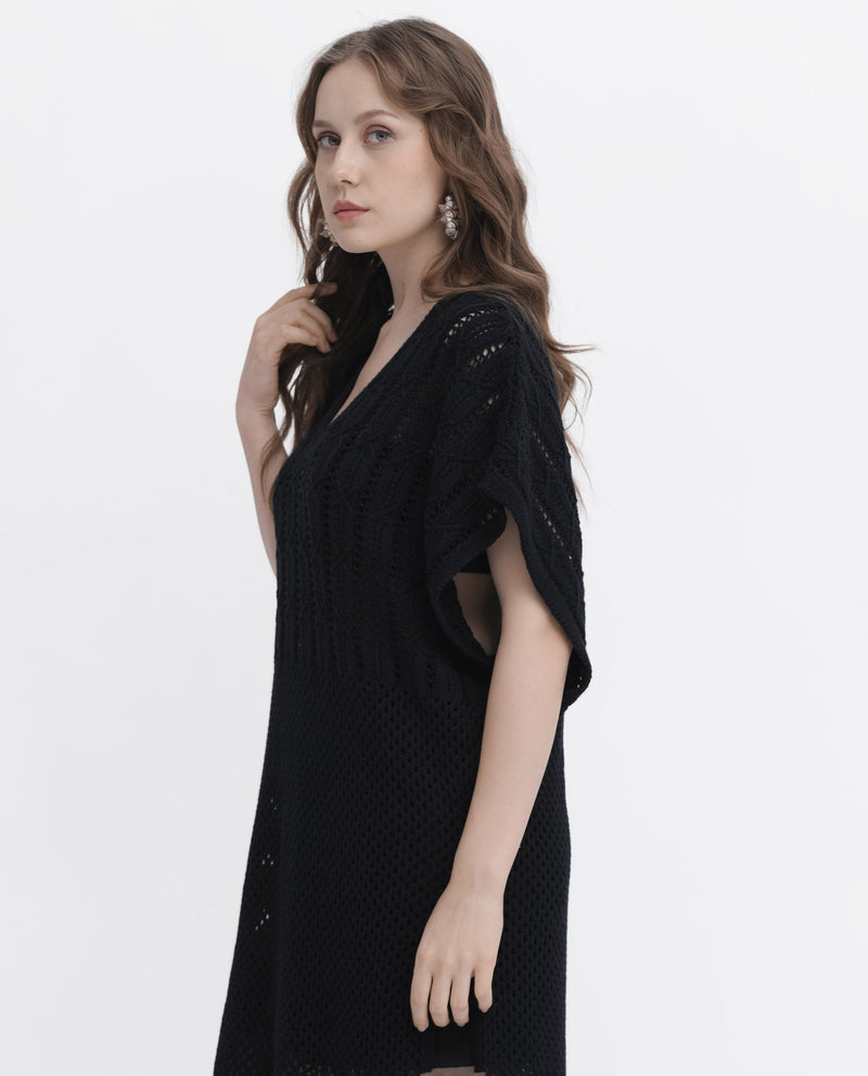 Rareism Women Espantiago Black Cotton Fabric Short Sleeves V-Neck Extended Sleeve Relaxed Fit Plain Knee Length Dress