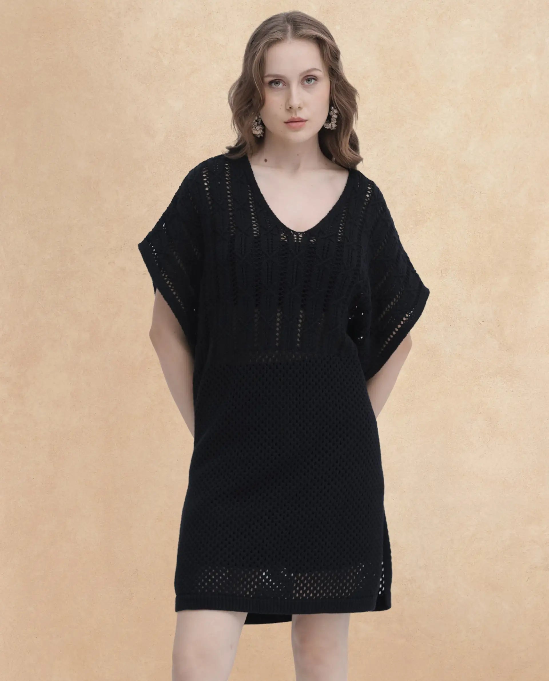 Rareism Women's Espantiago Black Cotton V-Neck Plain Extended Sleeves Knee Length Relaxed Fit Dress