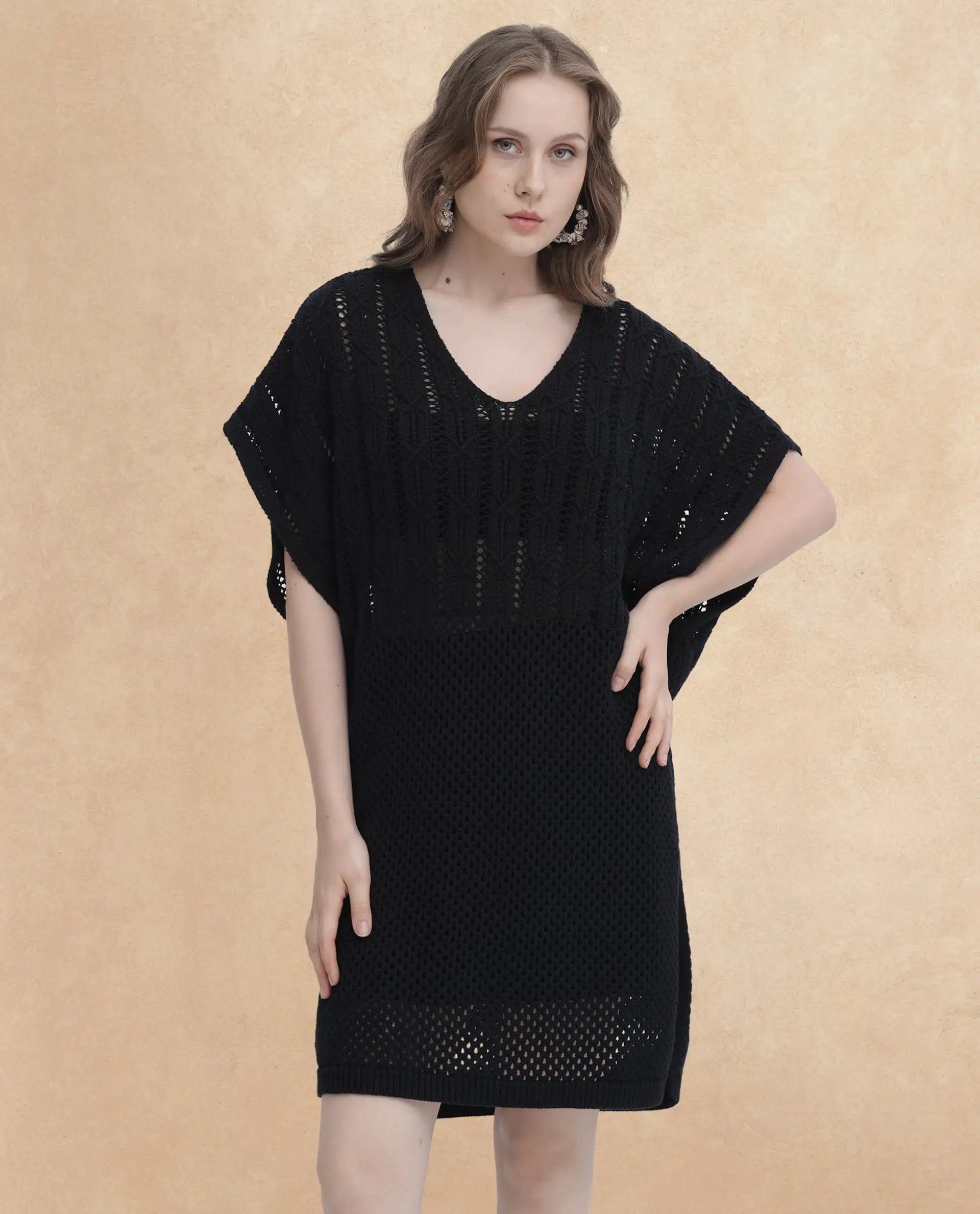 Rareism Women Espantiago Black Cotton Fabric Short Sleeves V-Neck Extended Sleeve Relaxed Fit Plain Knee Length Dress