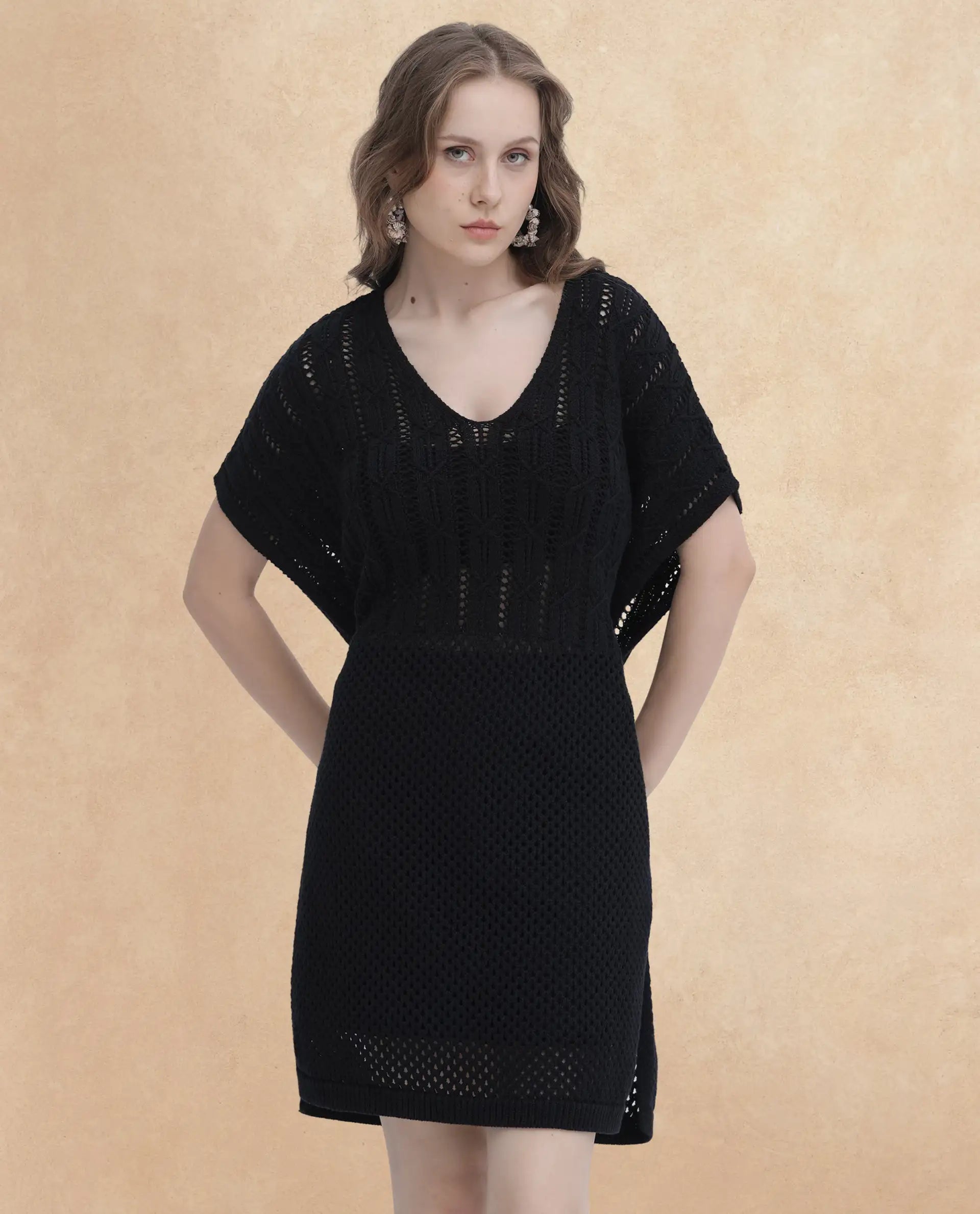 Rareism Women Espantiago Black Cotton Fabric Short Sleeves V-Neck Extended Sleeve Relaxed Fit Plain Knee Length Dress