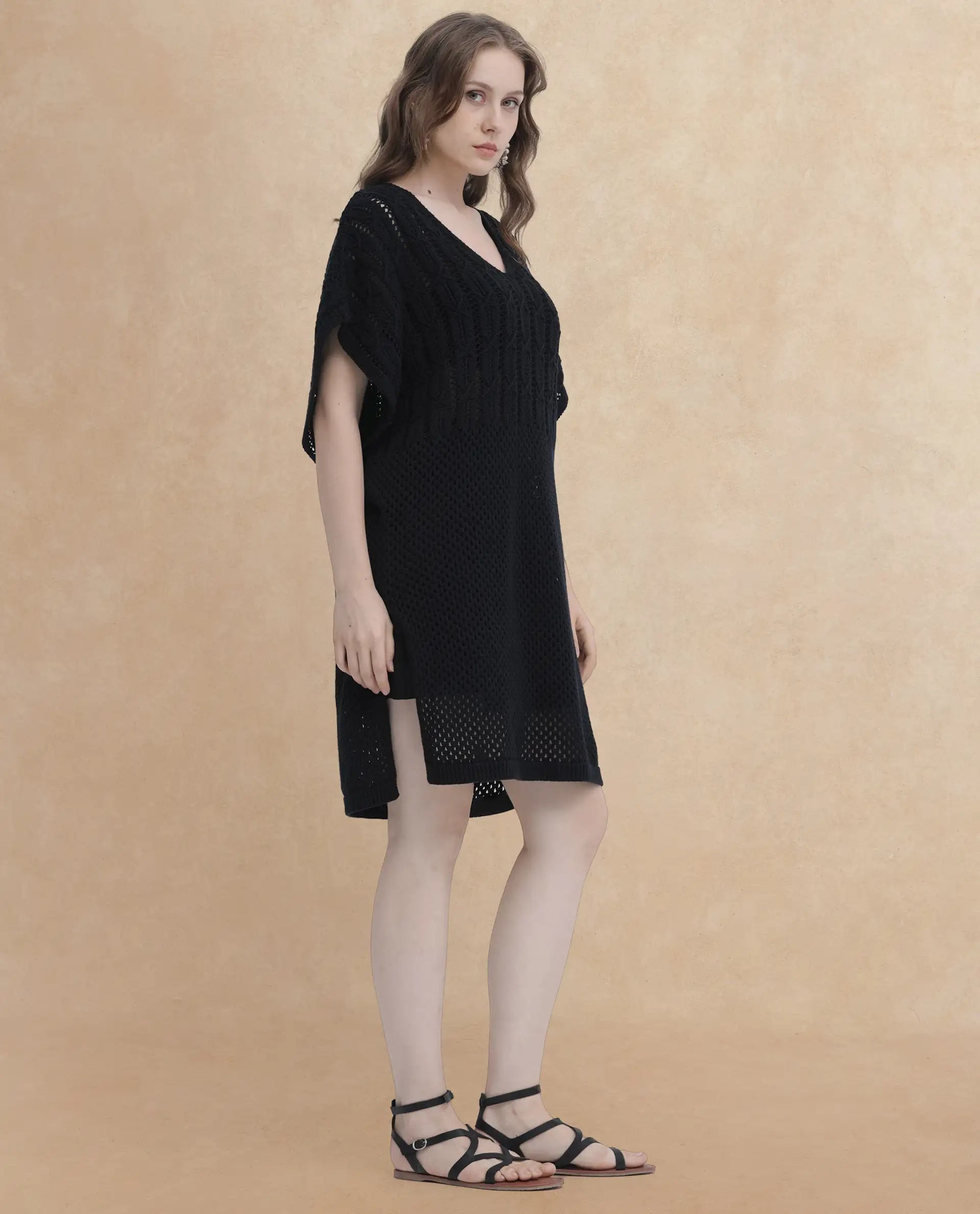Rareism Women's Espantiago Black Cotton V-Neck Plain Extended Sleeves Knee Length Relaxed Fit Dress