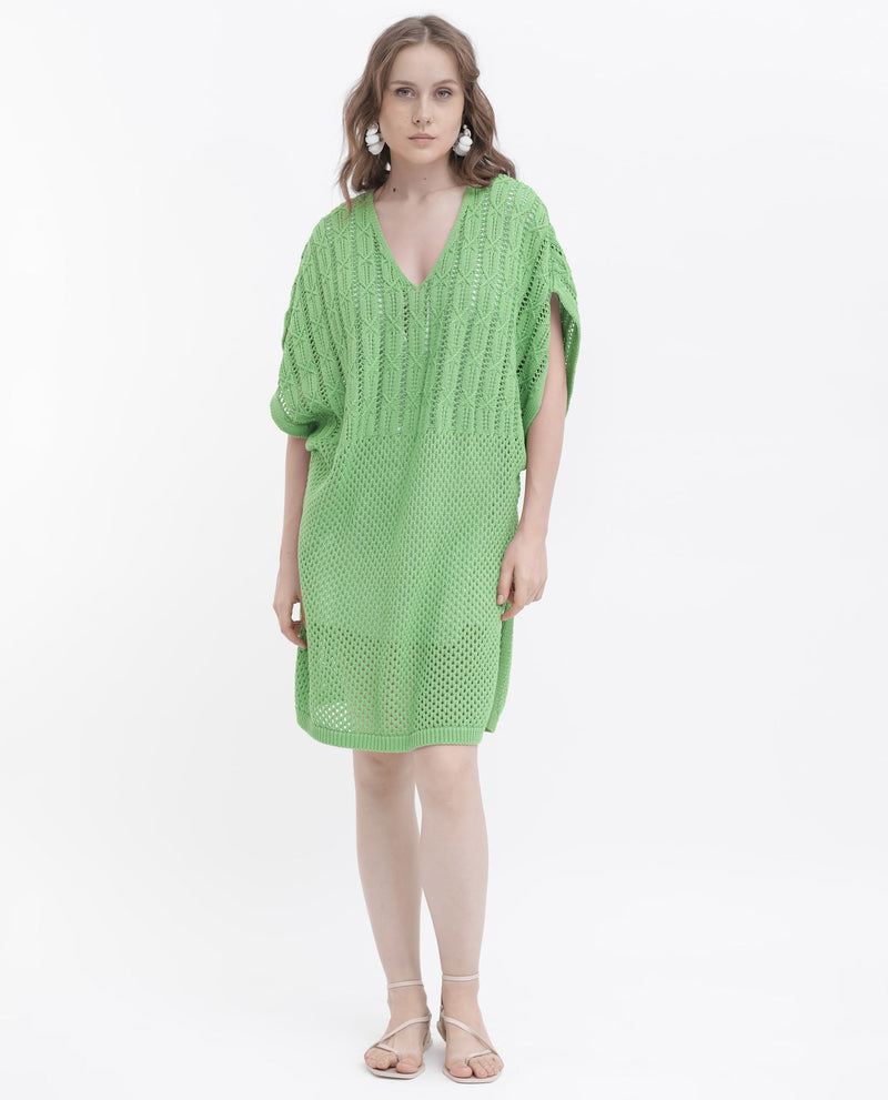 Rareism Women Espantiago Green Cotton Fabric Short Sleeves V-Neck Extended Sleeve Relaxed Fit Plain Knee Length Dress