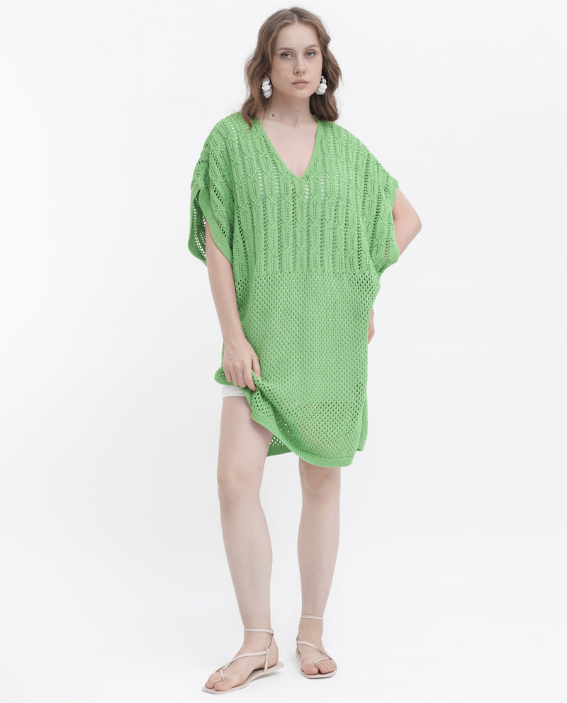 Rareism Women Espantiago Green Cotton Fabric Short Sleeves V-Neck Extended Sleeve Relaxed Fit Plain Knee Length Dress