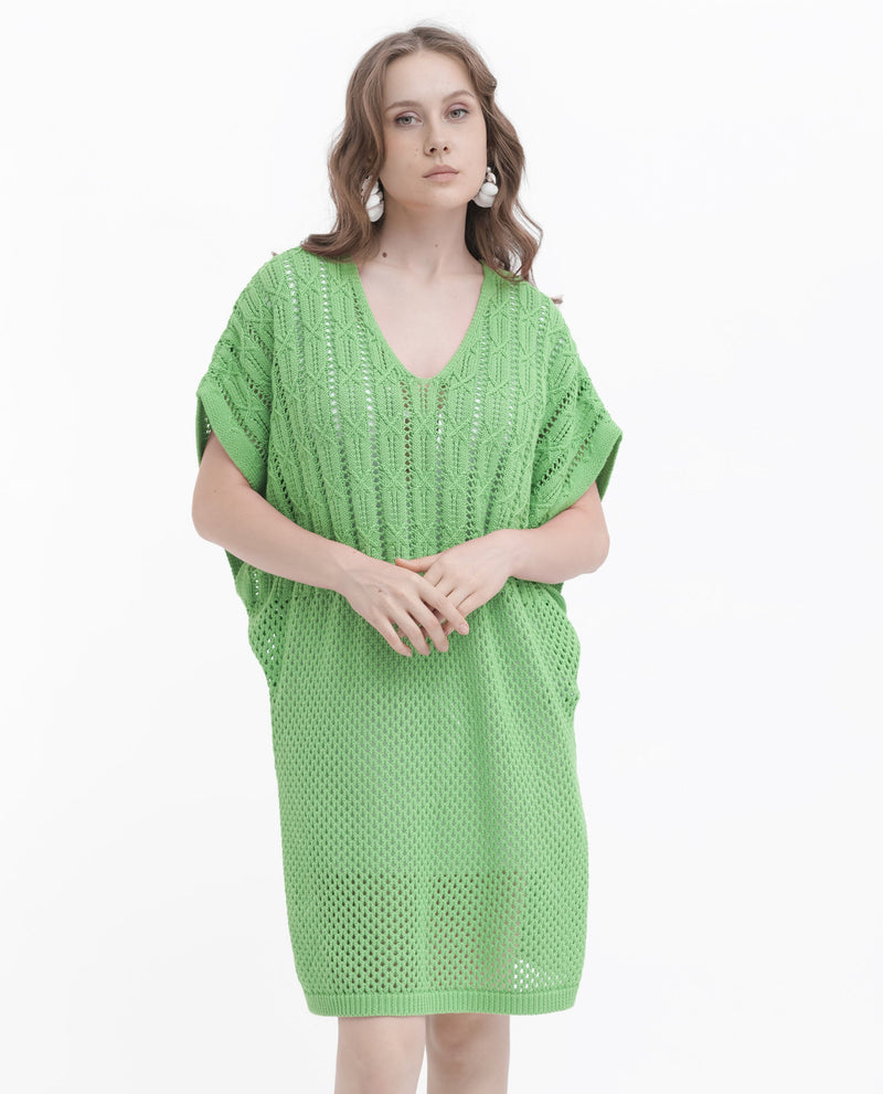 Rareism Women Espantiago Green Cotton Fabric Short Sleeves V-Neck Extended Sleeve Relaxed Fit Plain Knee Length Dress