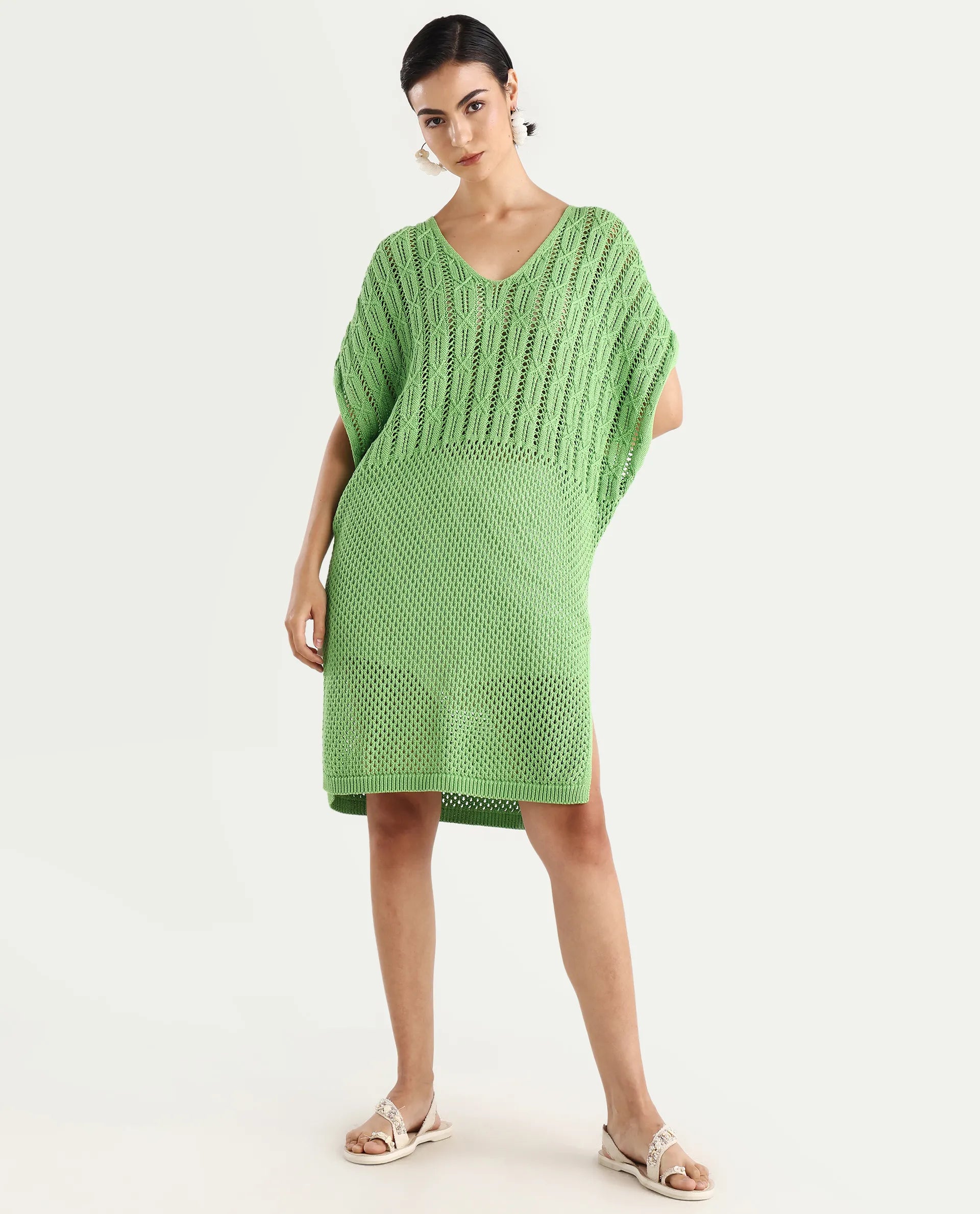 Rareism Women's Espantiago Green Cotton V-Neck Plain Extended Sleeves Knee Length Relaxed Fit Dress