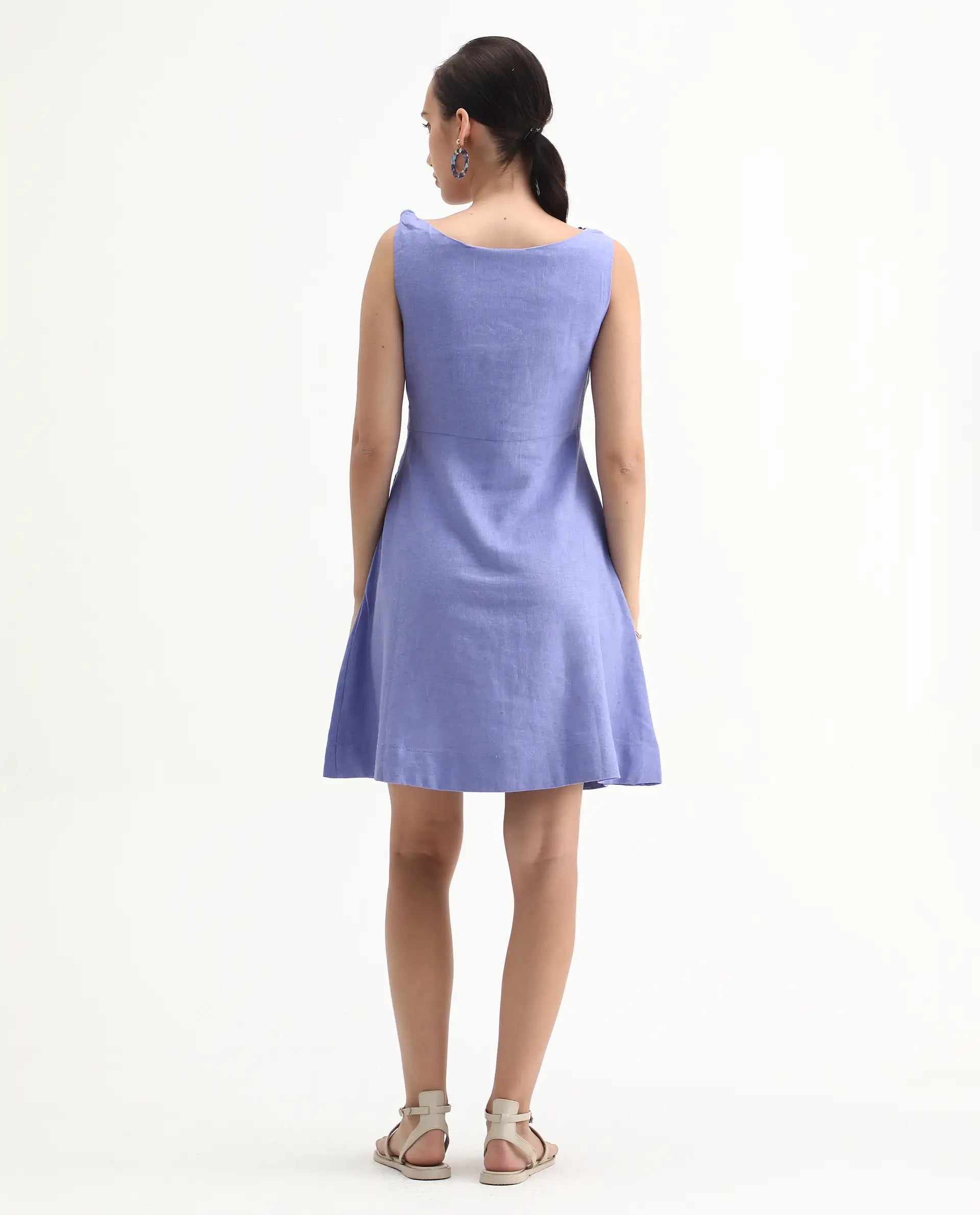 Rareism Women's Eswati Lilac Linen Cowl Neck Plain Sleeveless Knee Length Flared Dress
