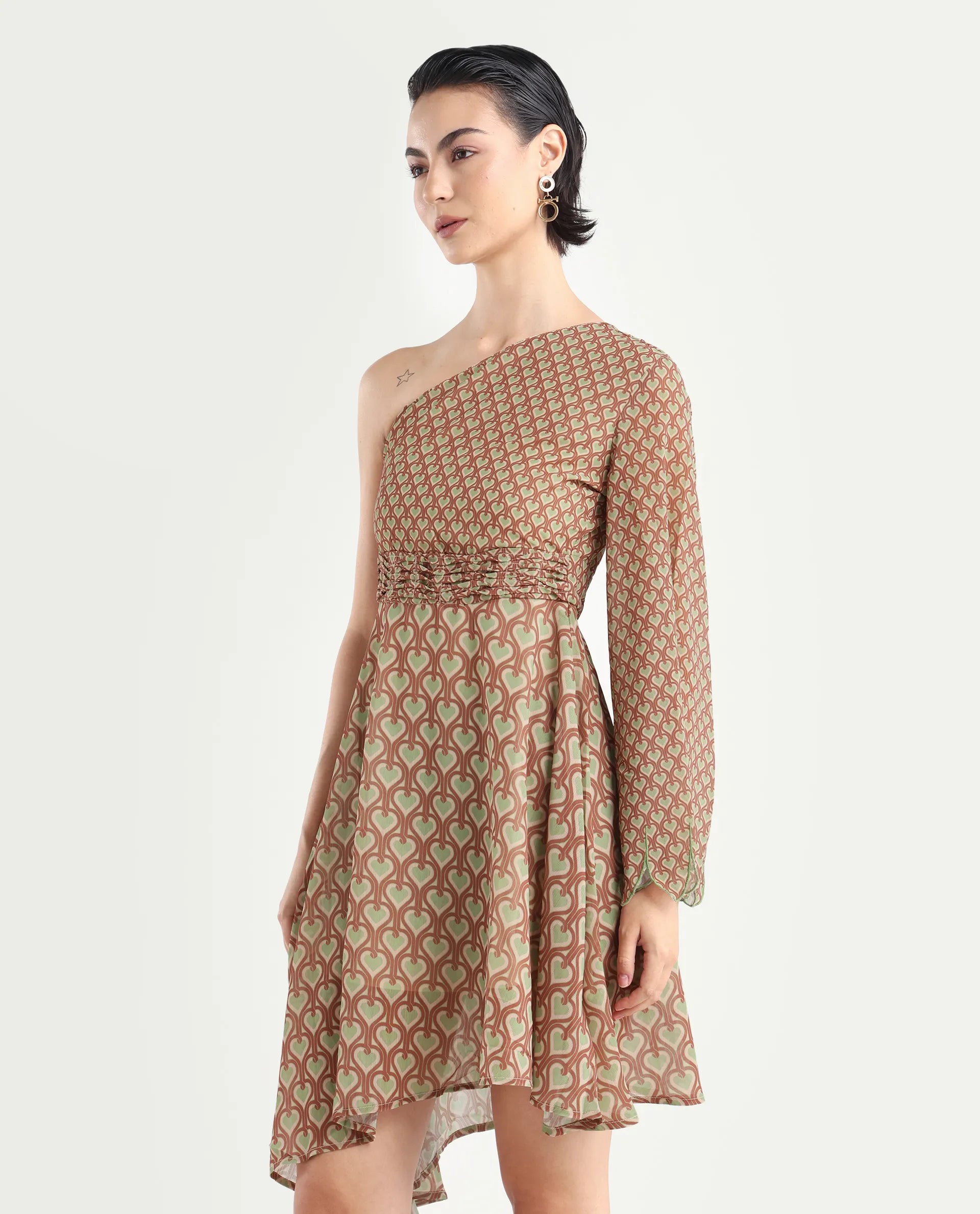 Rareism Women's Ethiopig Multi Polyester One Shoulder Geometric Print Asymmetric Sleeve Knee Length Asymmetric Dress