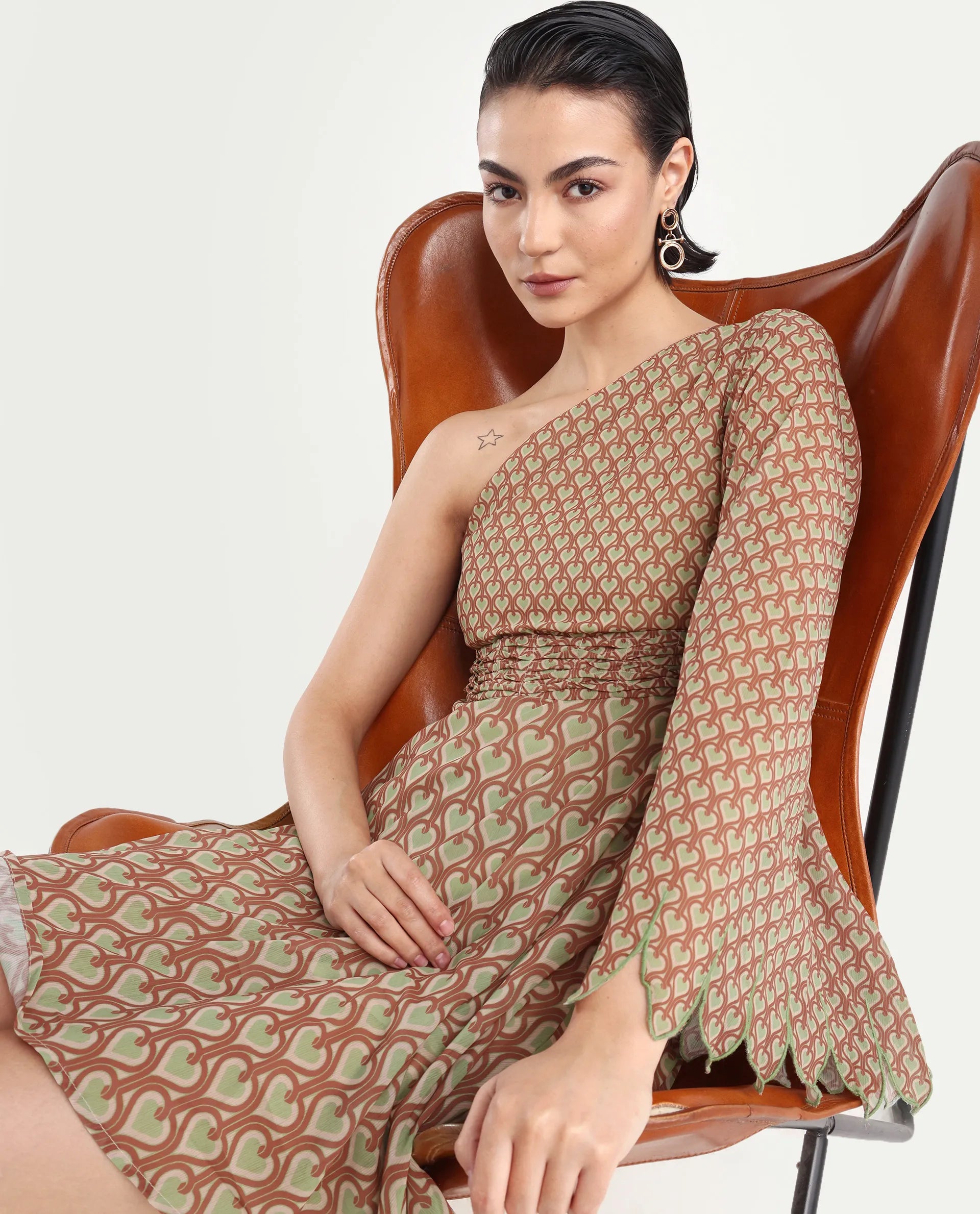 Rareism Women's Ethiopig Multi Polyester One Shoulder Geometric Print Asymmetric Sleeve Knee Length Asymmetric Dress