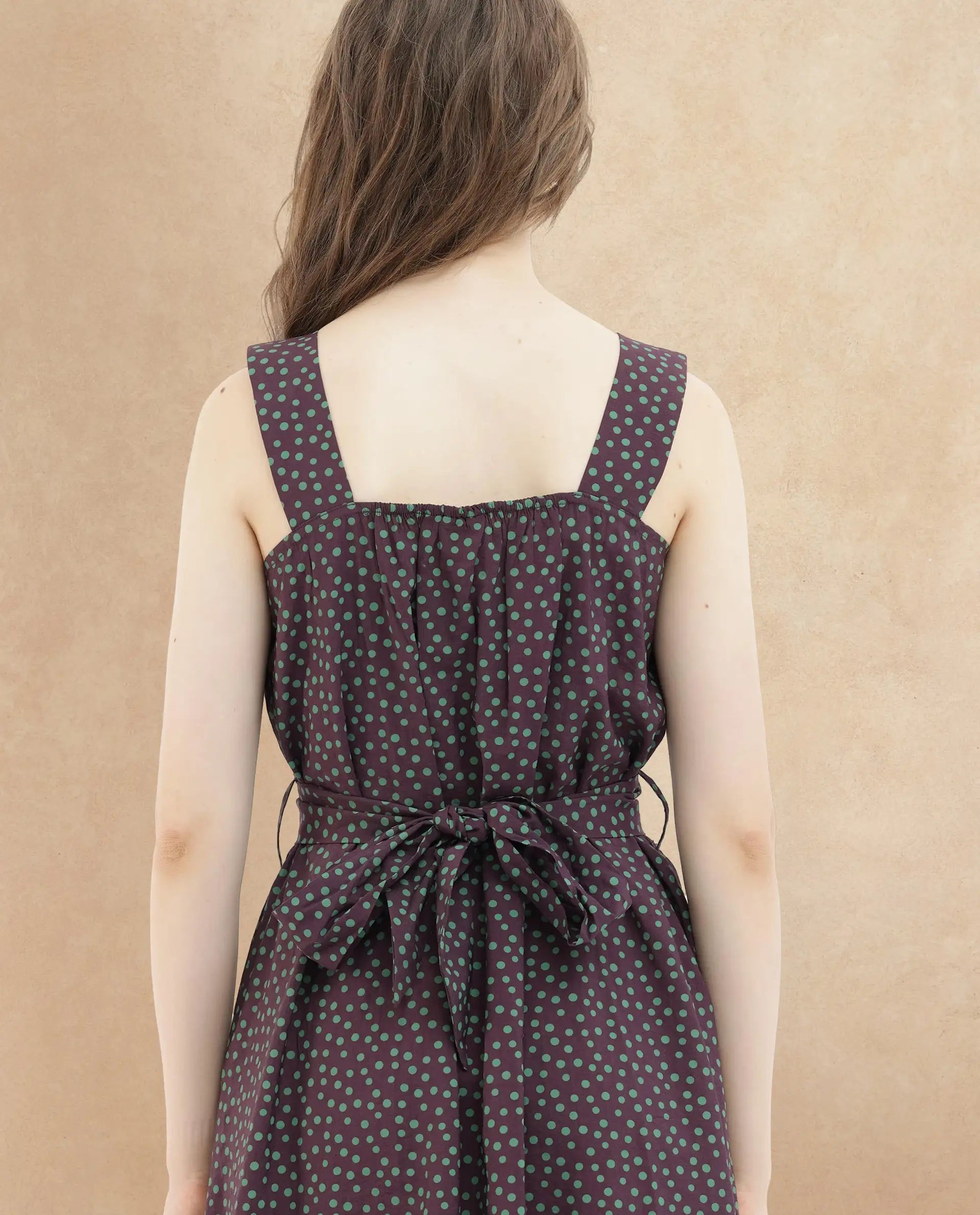Rareism Women's Eula Brown Viscose Fabric Shoulder Straps  Sleeveless Polka Flared Midi Dress