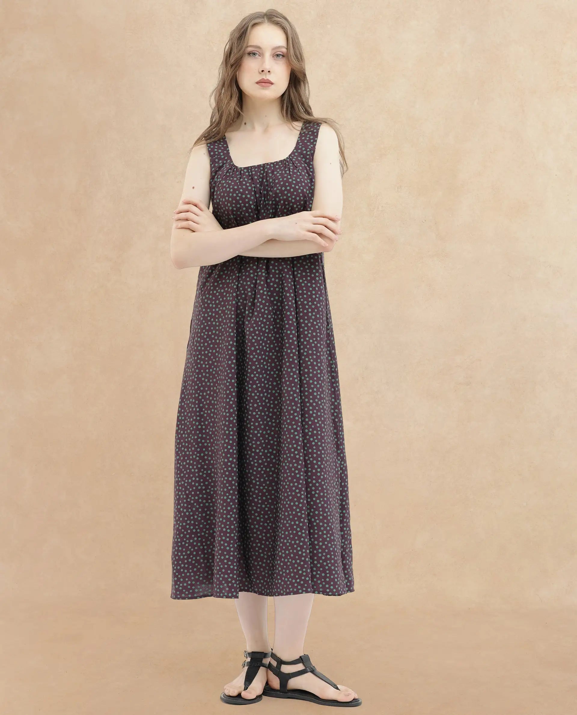 Rareism Women's Eula Brown Viscose Shoulder Strap Polka Print Shoulder Strap Midi Flared Dress
