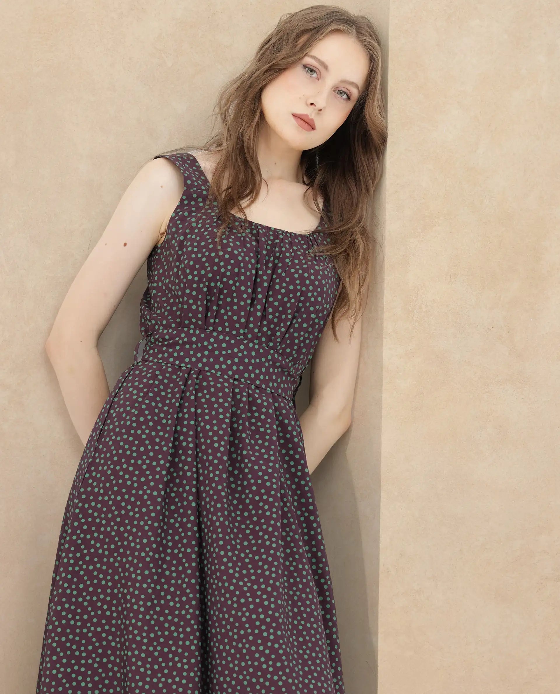 Rareism Women's Eula Brown Viscose Shoulder Strap Polka Print Shoulder Strap Midi Flared Dress