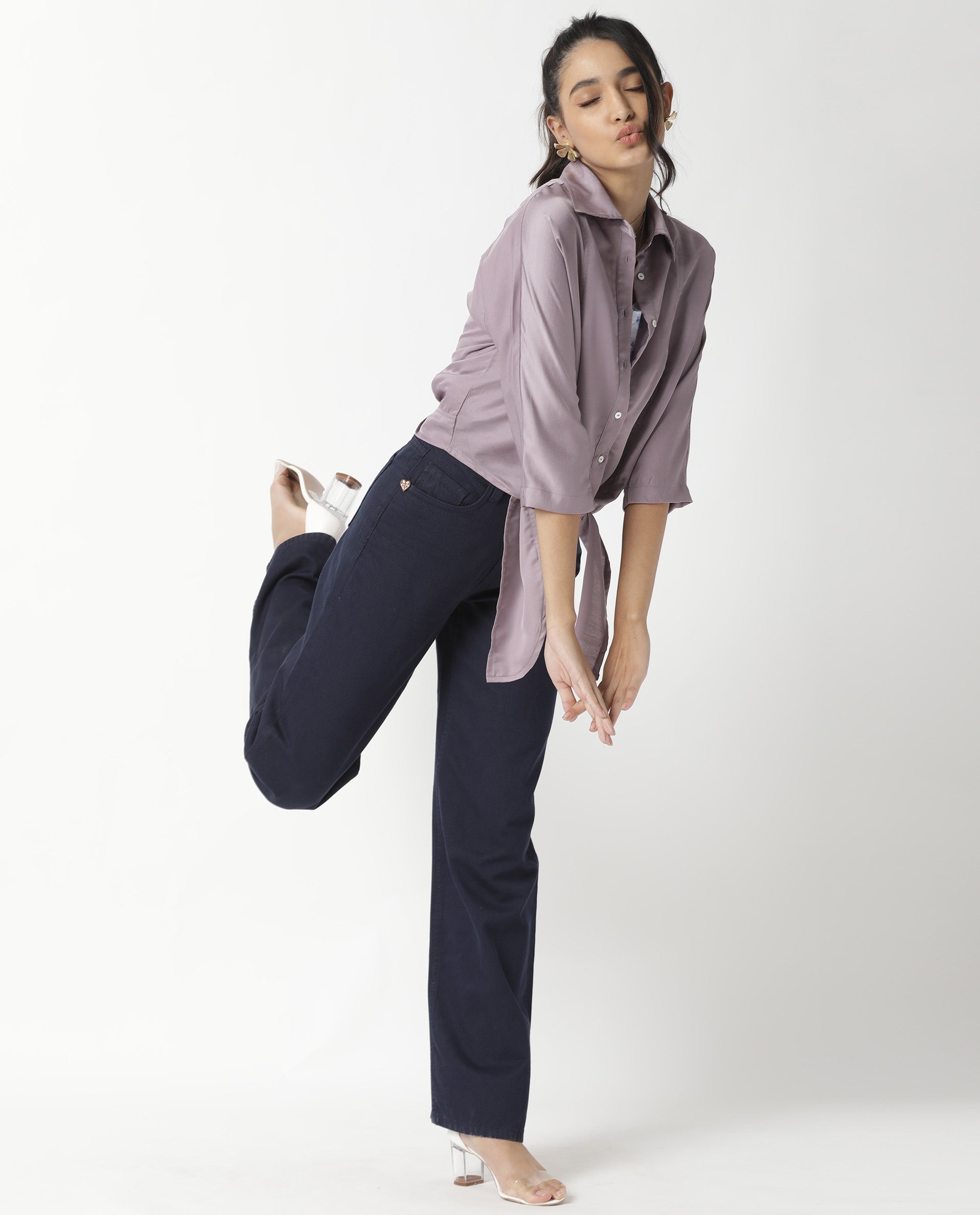 Rareism Women's Euro Purple Polyester Spread Collar Plain Tailored Top