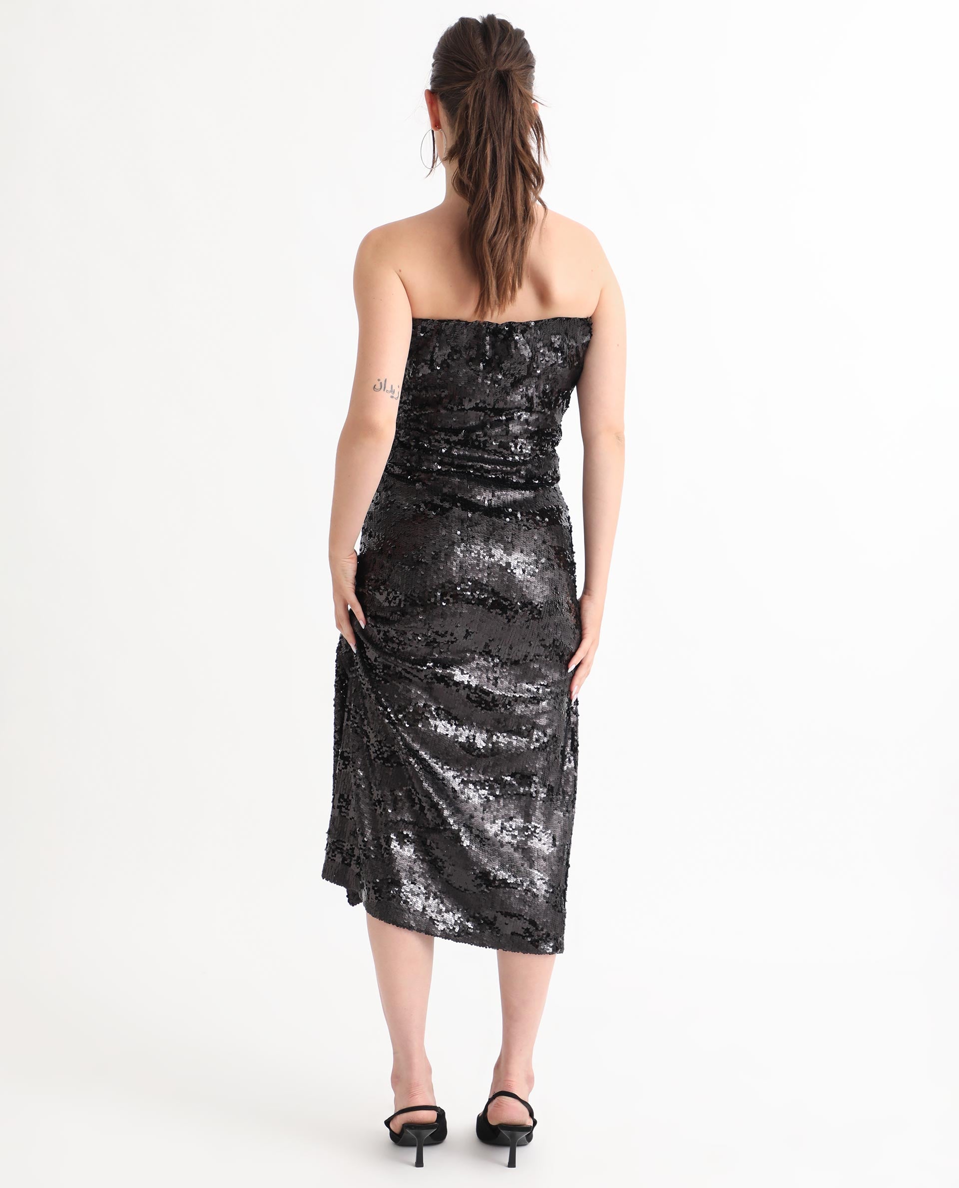 Rareism Women Eve Sheen Black Off Shoulder Thigh Slit Back Zip Closure Sequin Bodycon Midi Party Dress