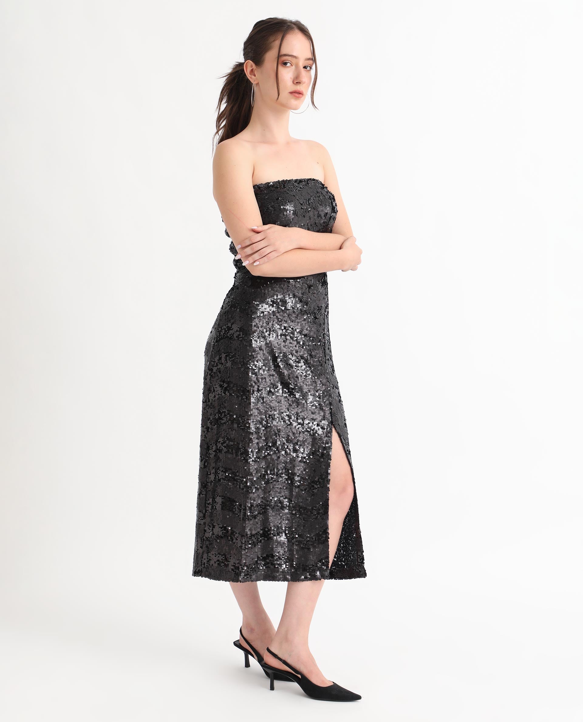 Rareism Women Eve Sheen Black Off Shoulder Thigh Slit Back Zip Closure Sequin Bodycon Midi Party Dress