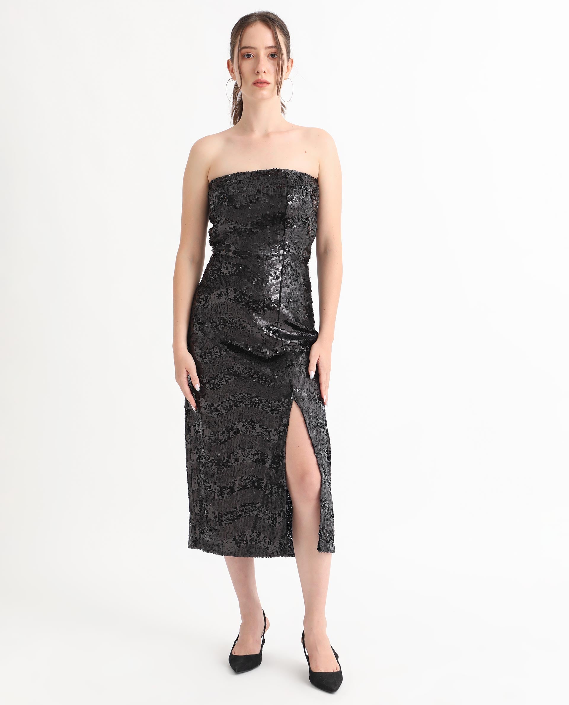 Rareism Women Eve Sheen Black Off Shoulder Thigh Slit Back Zip Closure Sequin Bodycon Midi Party Dress