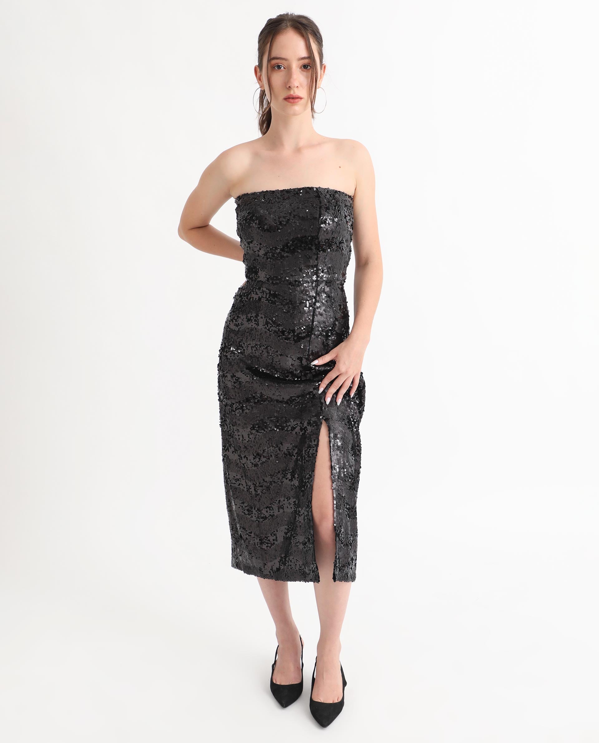 Rareism Women's Eve Sheen Black Polyester Collarless Sequined Sleeveless Maxi Regular Fit Dress