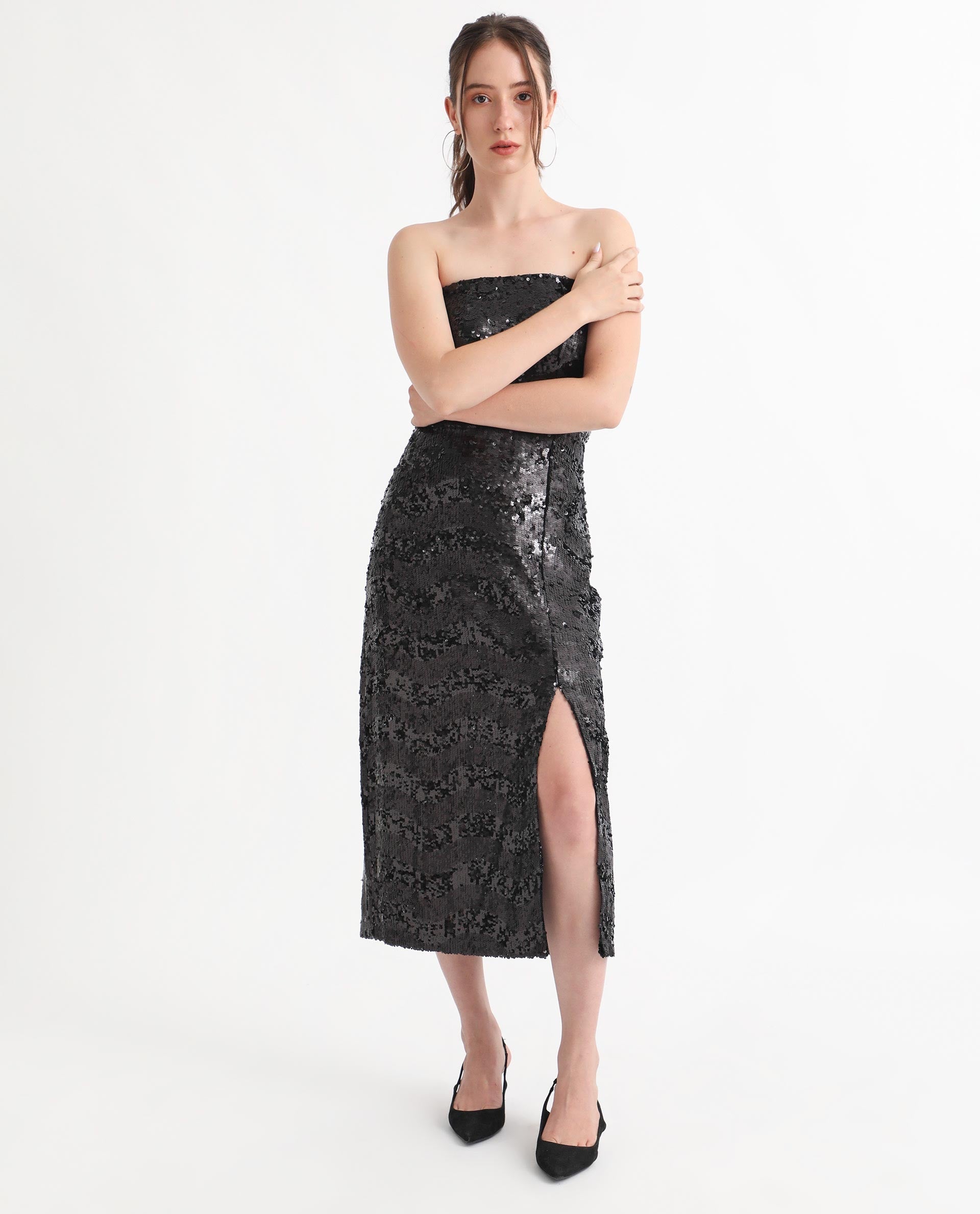 Rareism Women Eve Sheen Black Off Shoulder Thigh Slit Back Zip Closure Sequin Bodycon Midi Party Dress