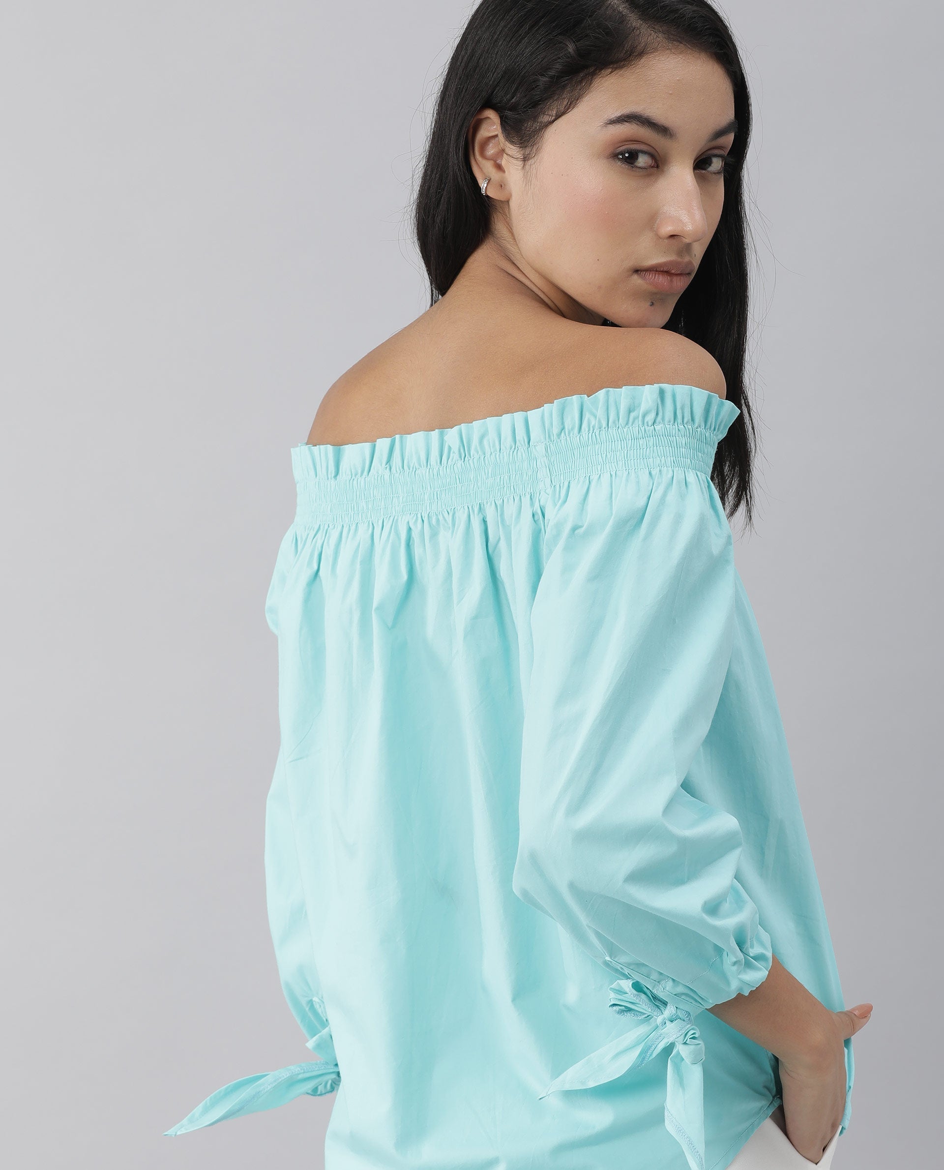 Rareism Womens Evenin Green Top Cotton Fabric Loose Fit Cold Shoulder Sleeve