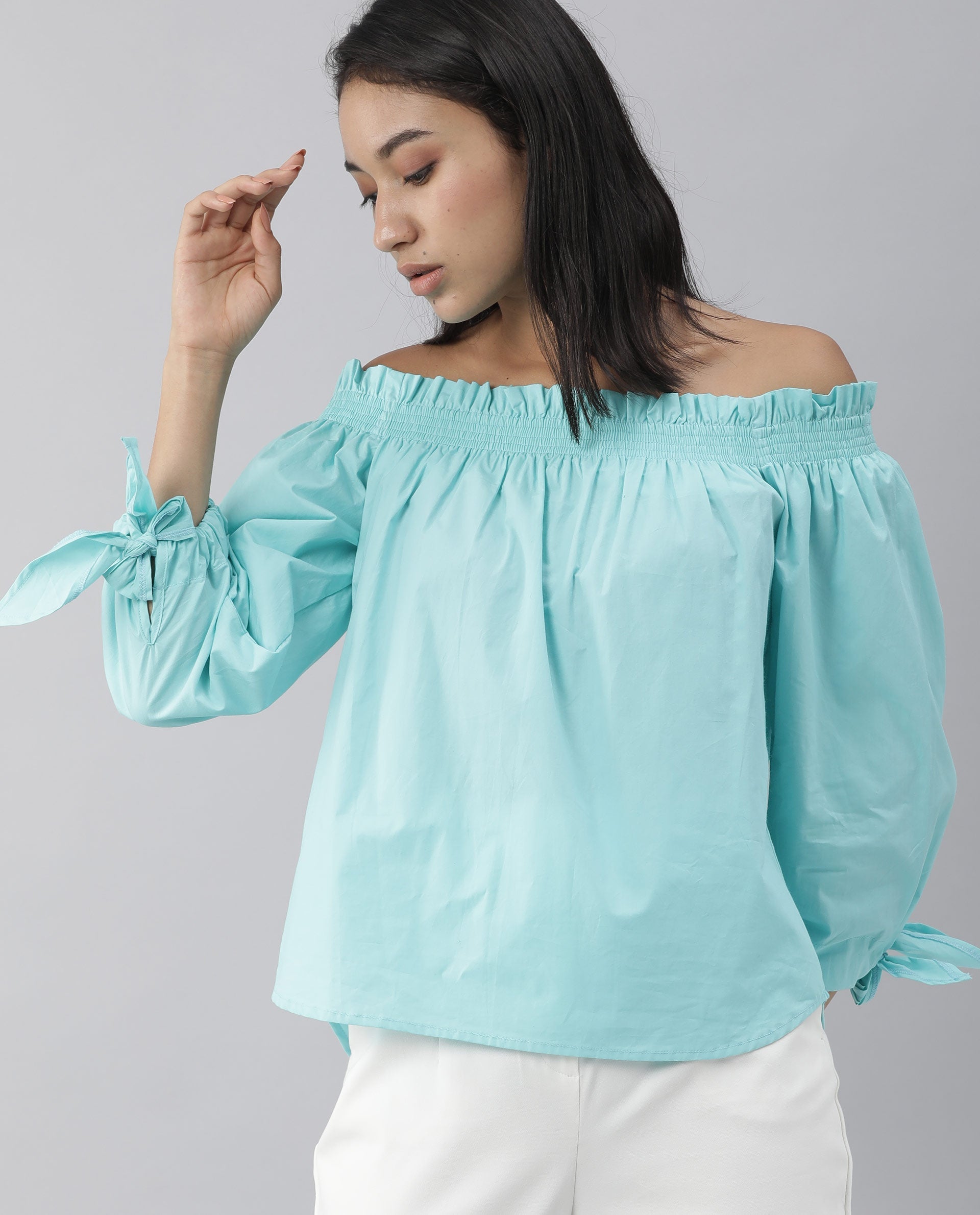 Rareism Womens Evenin Green Top Cotton Fabric Loose Fit Cold Shoulder Sleeve