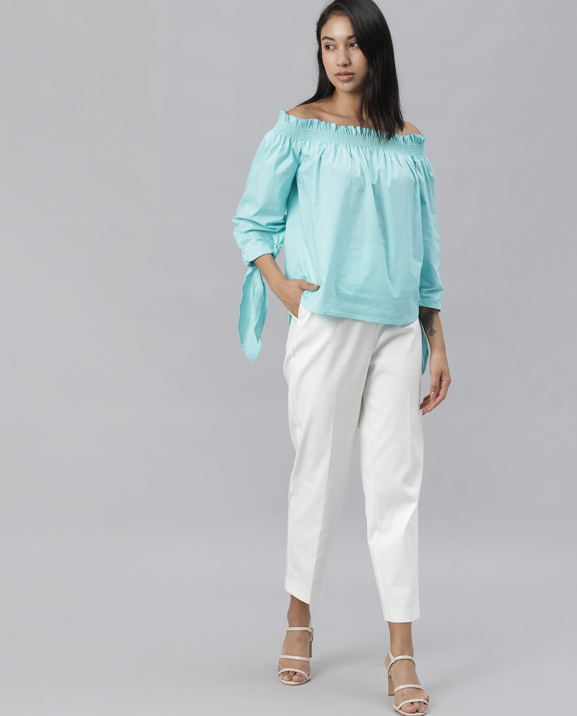 Rareism Womens Evenin Green Top Cotton Fabric Loose Fit Cold Shoulder Sleeve