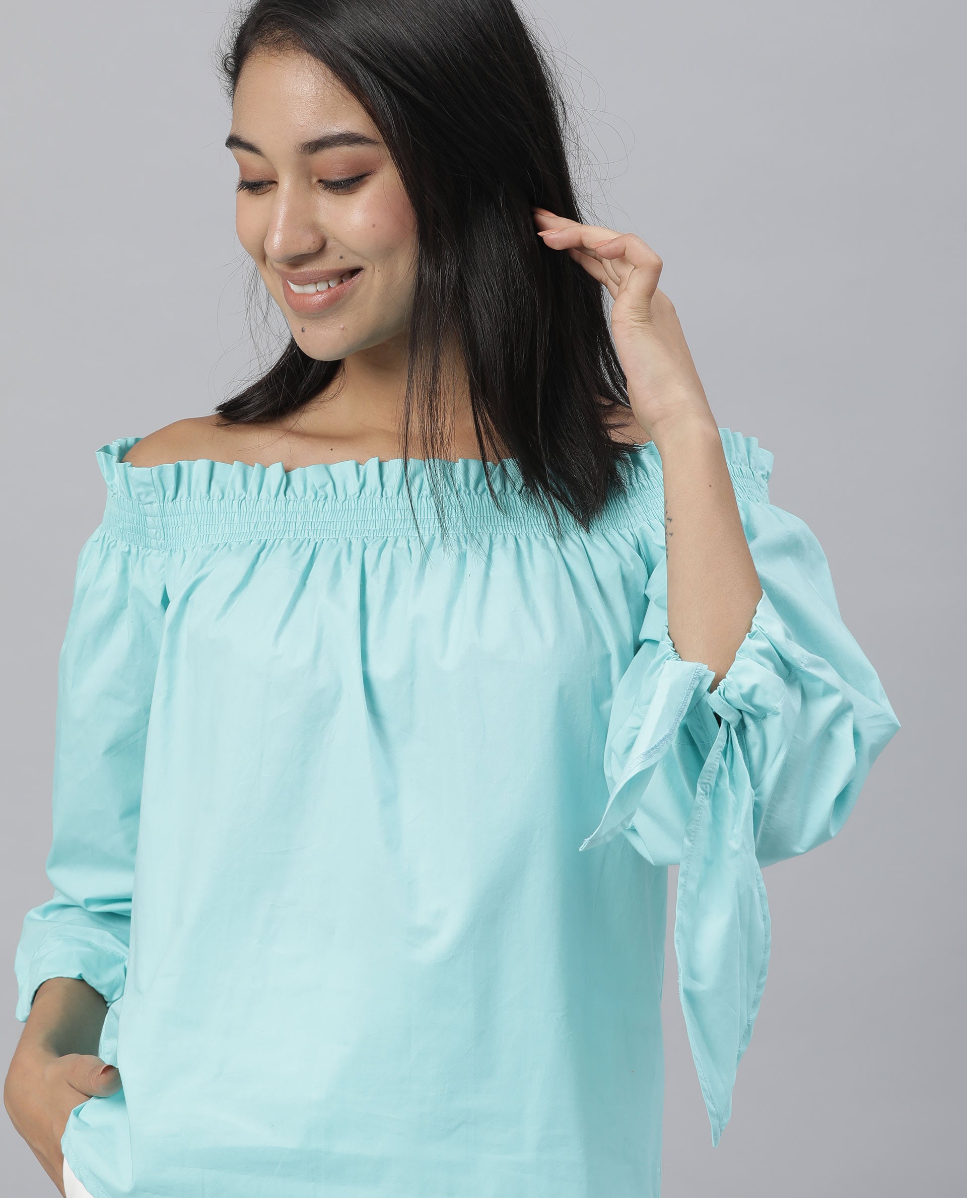 Rareism Womens Evenin Green Top Cotton Fabric Loose Fit Cold Shoulder Sleeve