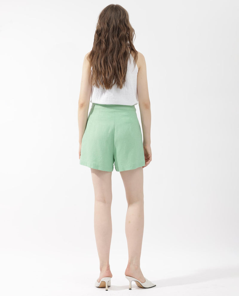 Rareism Women Eveny Pastel Green Viscose Linen Fabric Zip Closure Slim Fit Plain Mini Shorts