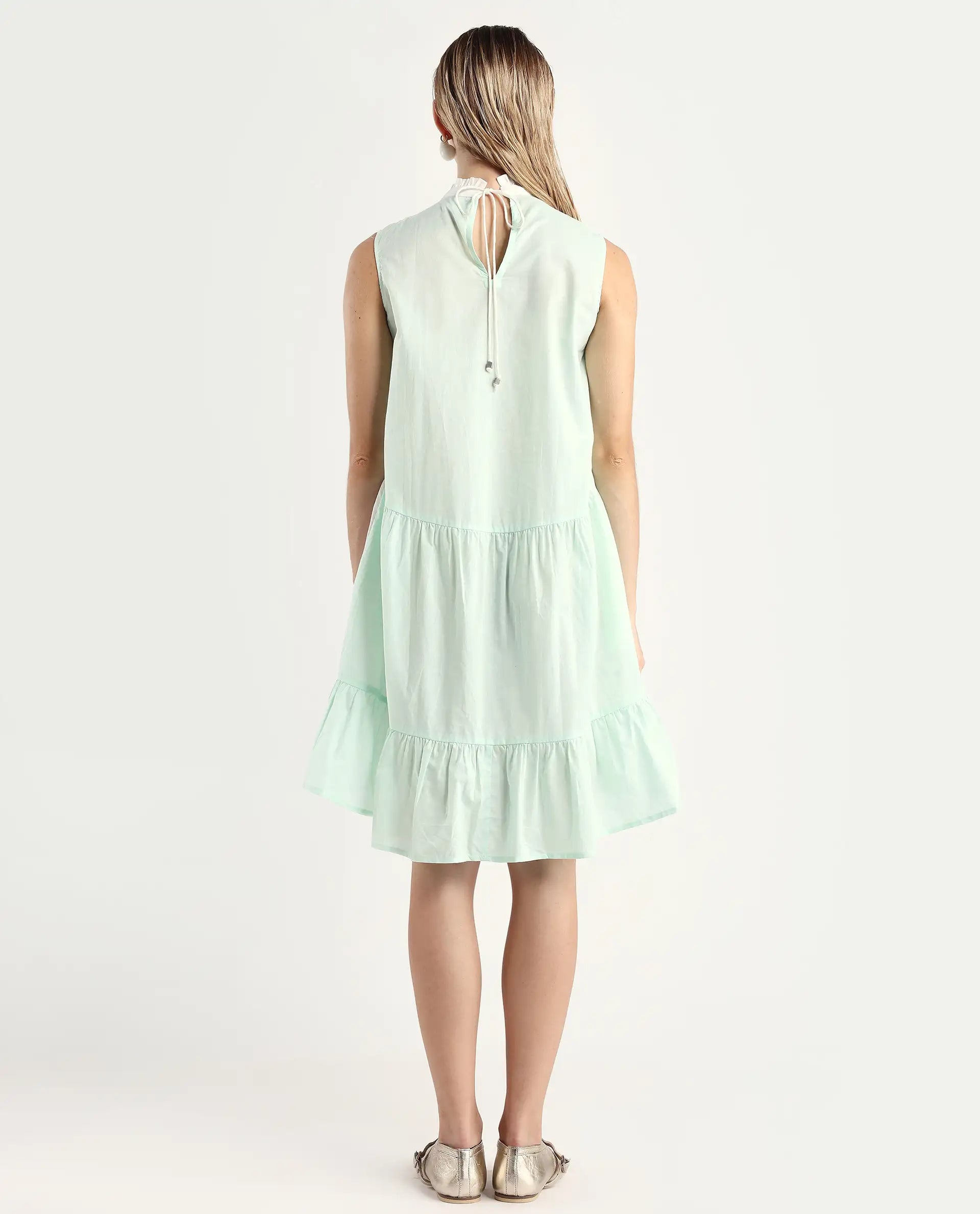 Rareism Women's Exam Green Cotton Sweetheart Neck Color Block Sleeveless Knee Length Regular Fit Dress