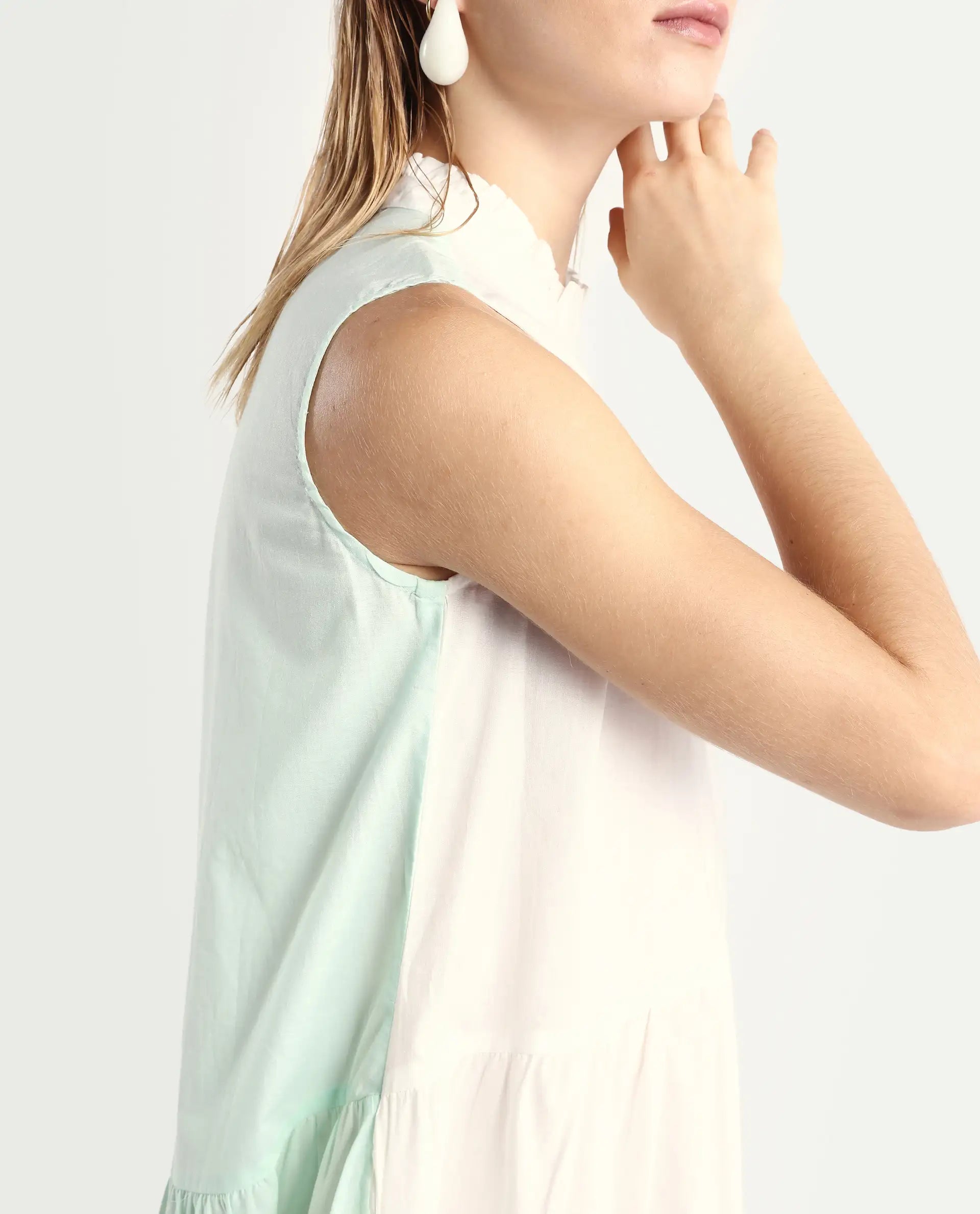 Rareism Women's Exam Green Cotton Sweetheart Neck Color Block Sleeveless Knee Length Regular Fit Dress