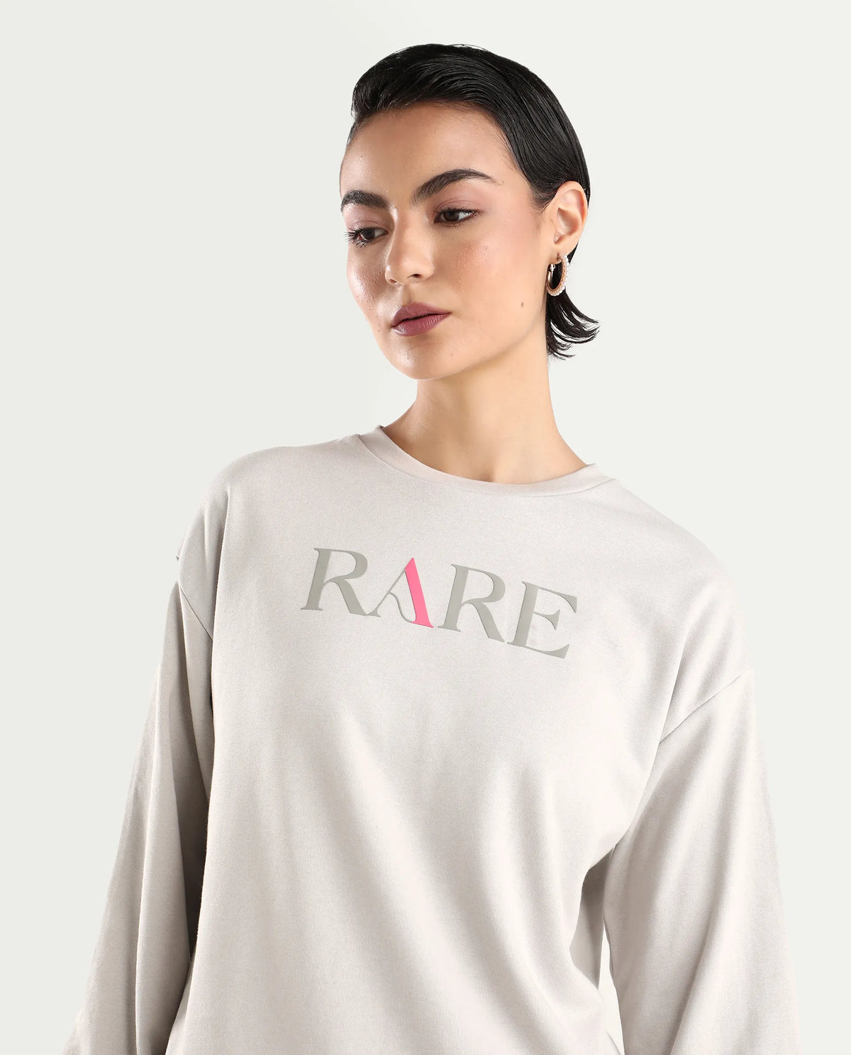 Rareism Women's Excla Light Grey Cotton Blend Crew Neck Graphic Print Regular Fit Sweatshirt