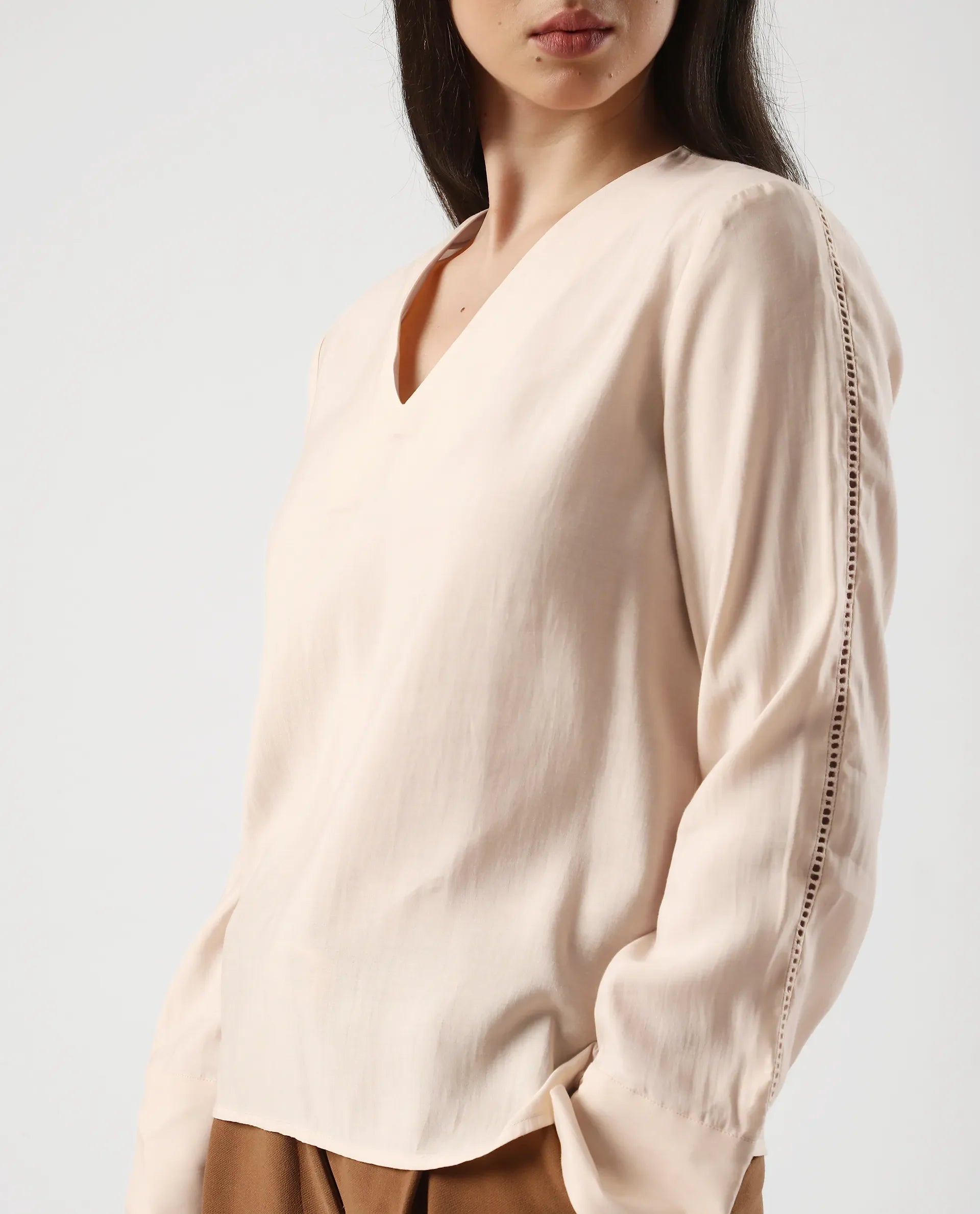 Rareism Women's Elani Beige Viscose Blend V-Neck Regular Fit Plain Top