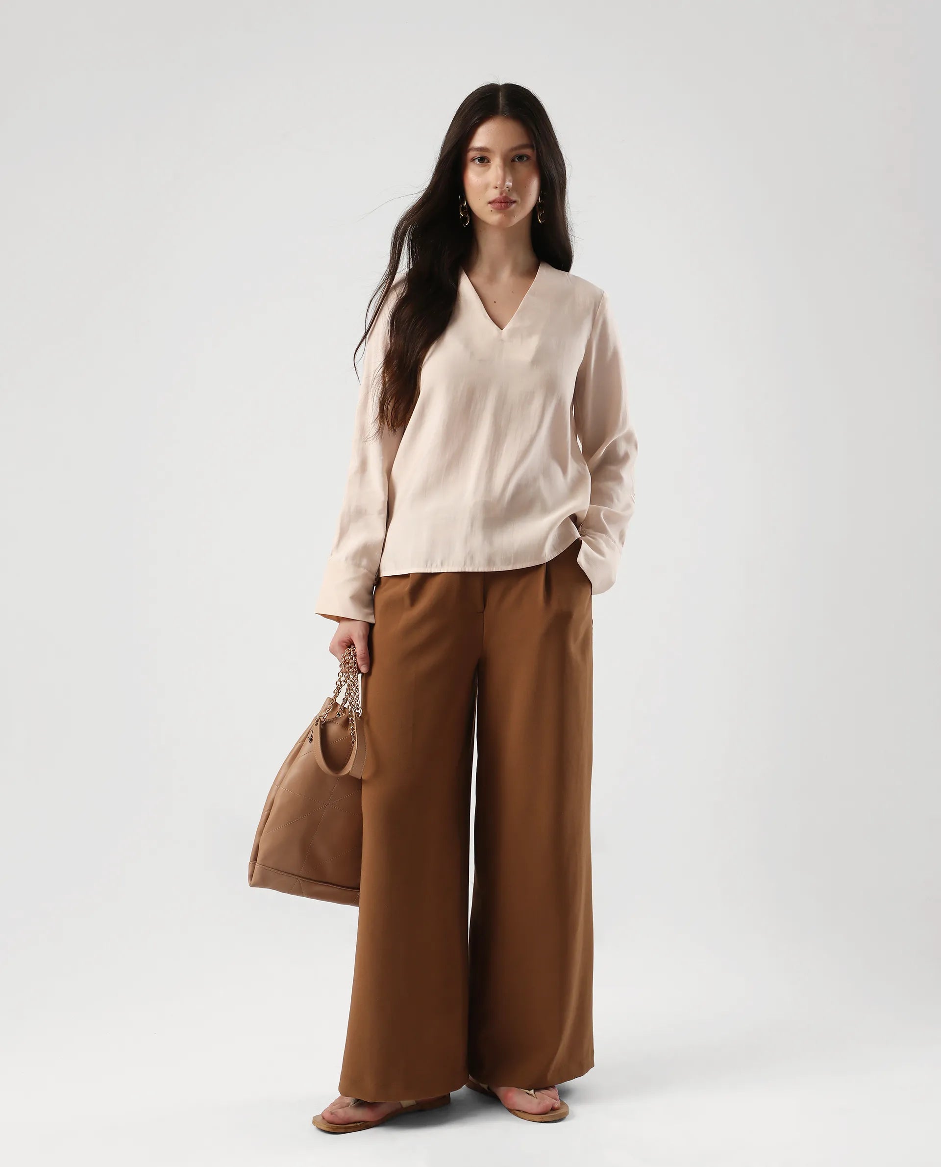 Rareism Women's Elani Beige Viscose Blend V-Neck Regular Fit Plain Top